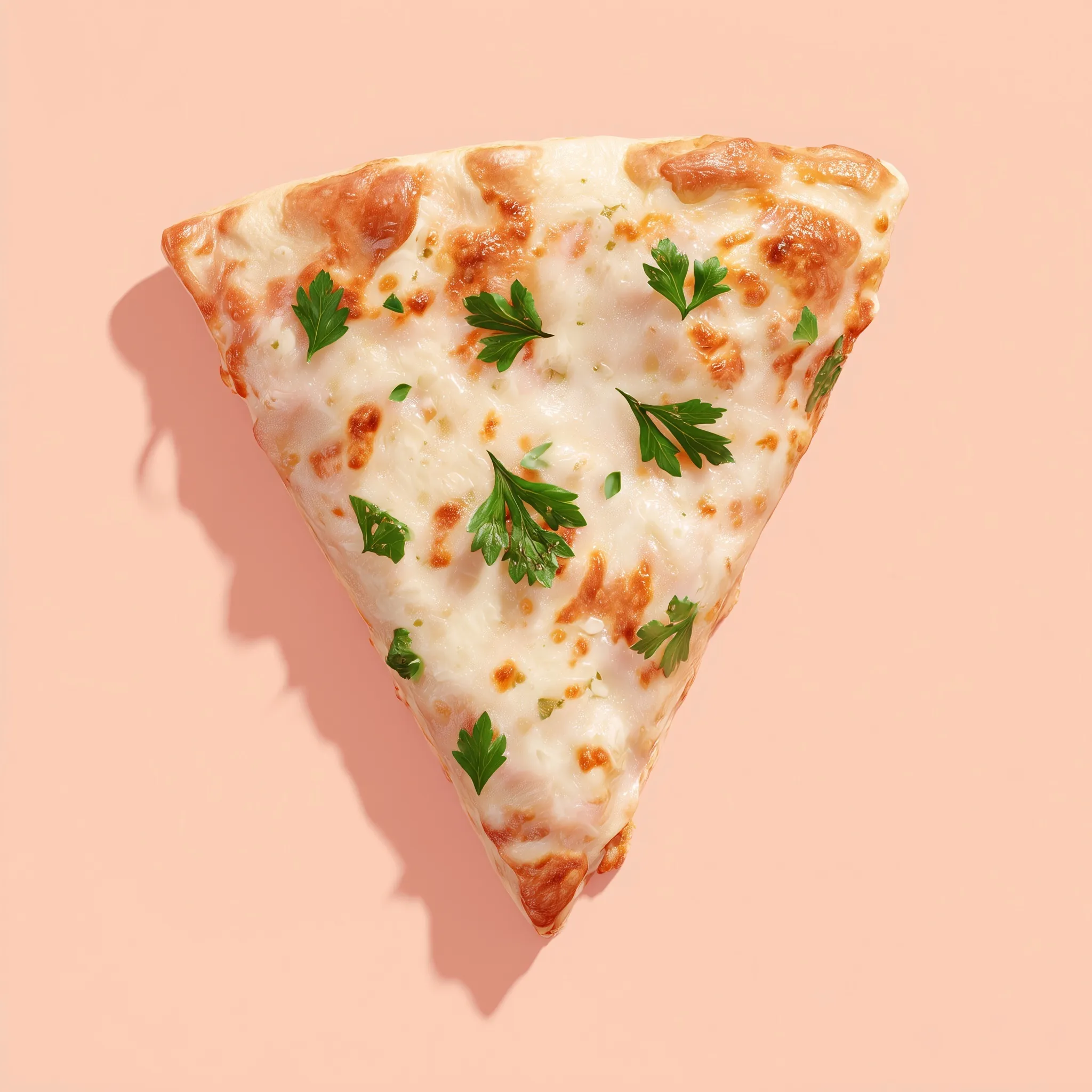 A miniature pizza slice with melted mozzarella and parsley, captured from above on a pastel peach background.