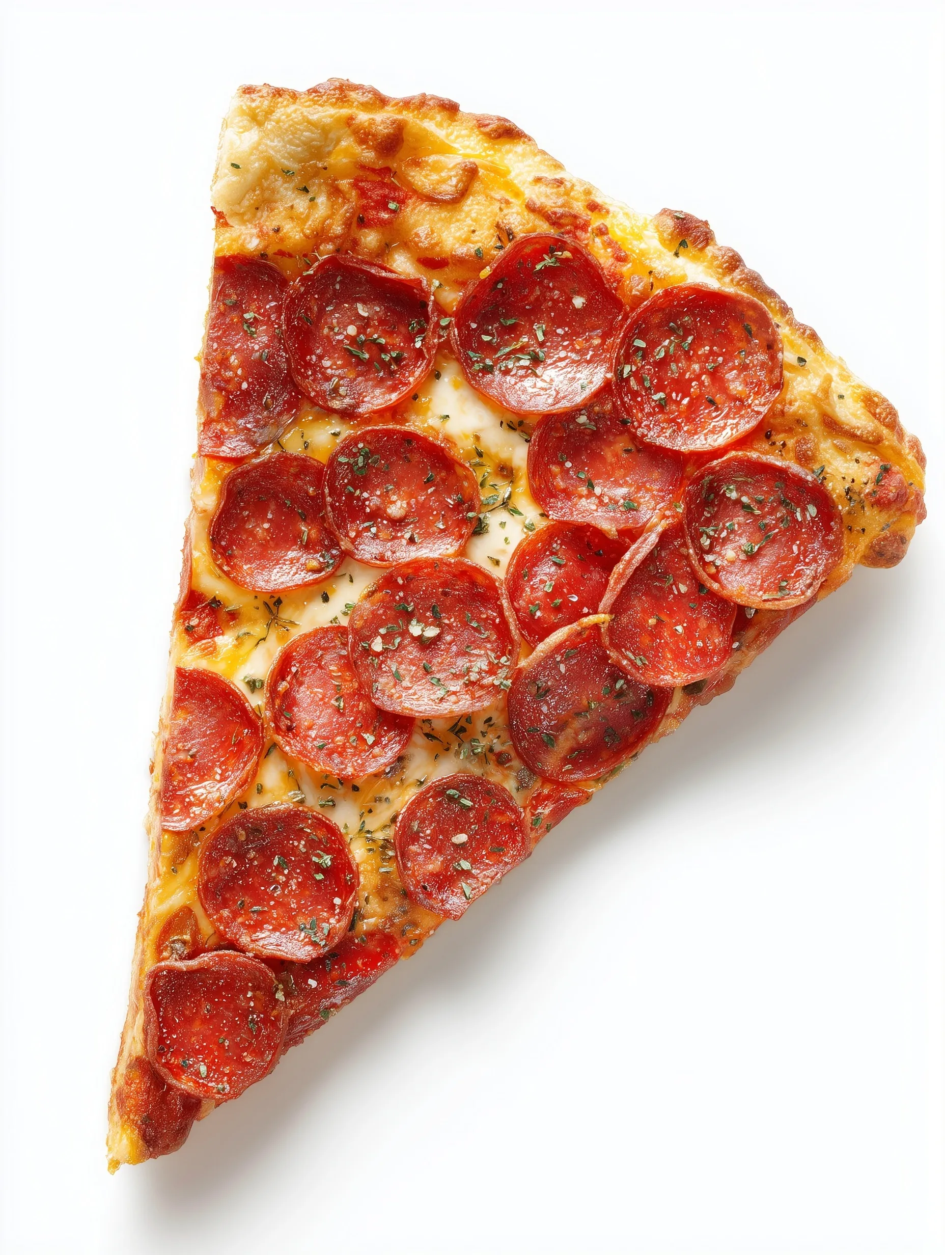 Top-down view of a traditional pepperoni pizza slice with golden crust and herbs on a clean white background.