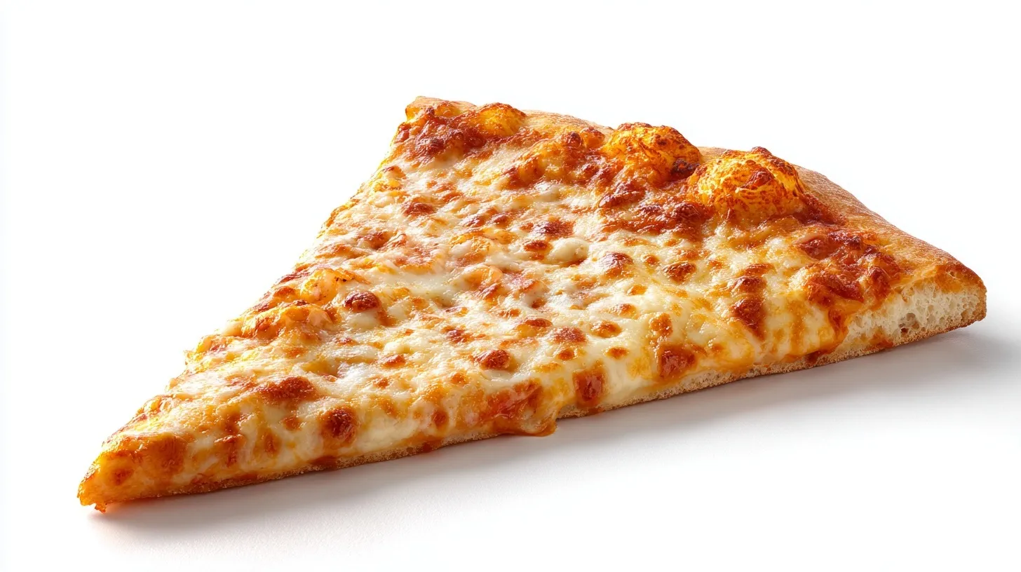 A single slice of cheesy pepperoni-free pizza, side view isolated on a clean white background.