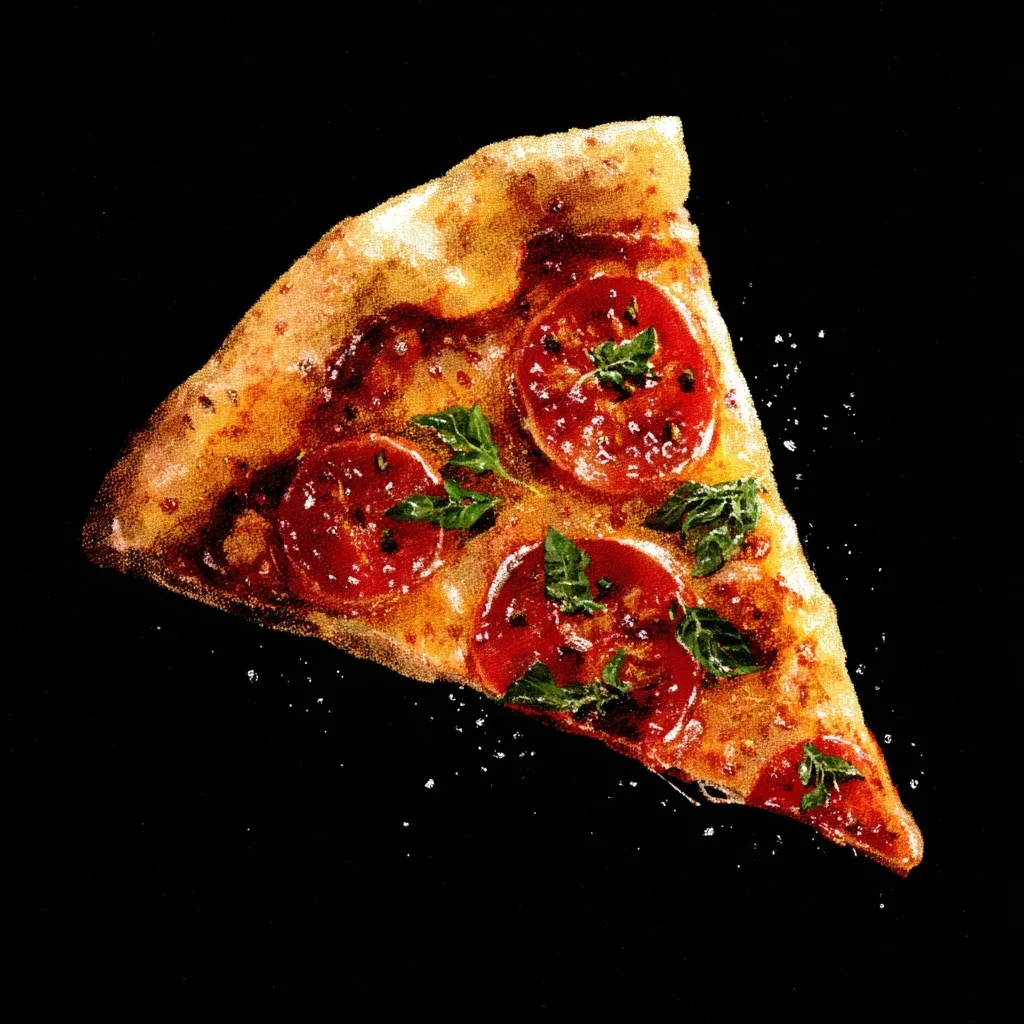 A cute rustic pizza slice with a watercolor effect and detailed octane rendering isolated on a black background.