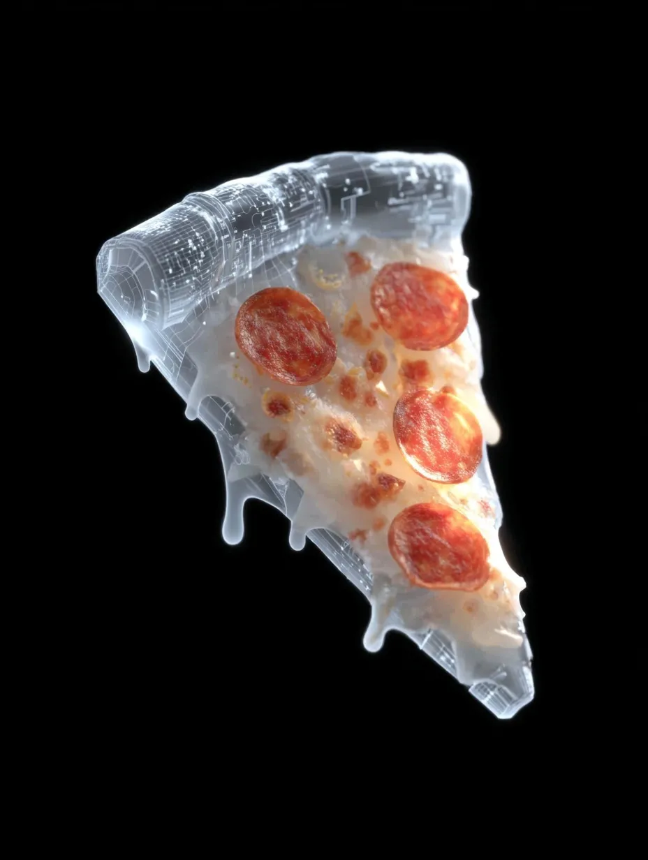 A single slice of cinematic, realistic pizza with melting cheese and high-detail toppings in 4K resolution.