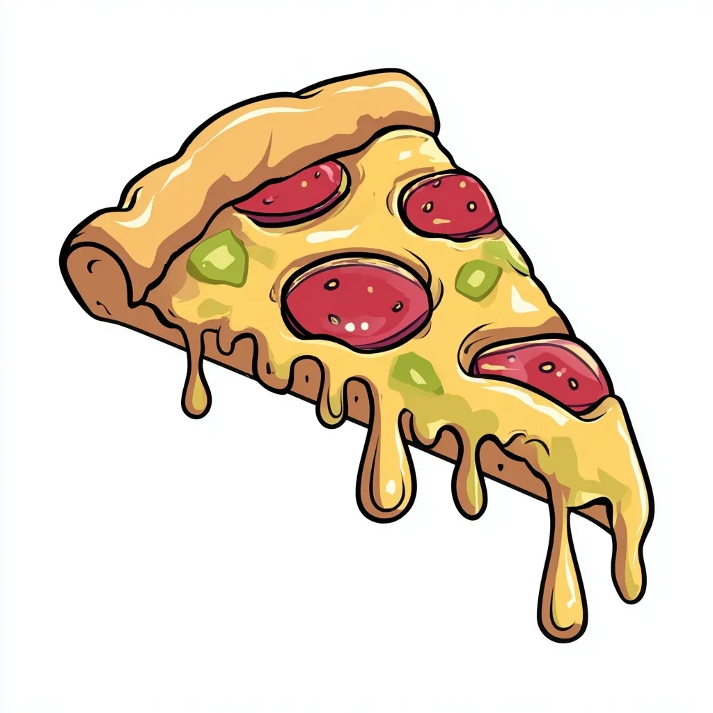 Cartoon vector pizza slice with salami and melting cheese, isolated on a white background in flat clip art style.