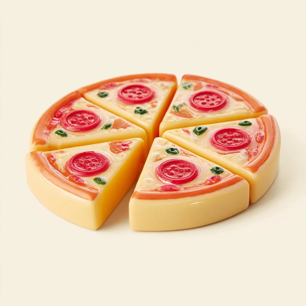 A retro 1970s toy pizza slice isolated on a white background, featuring nostalgic vintage plastic design.