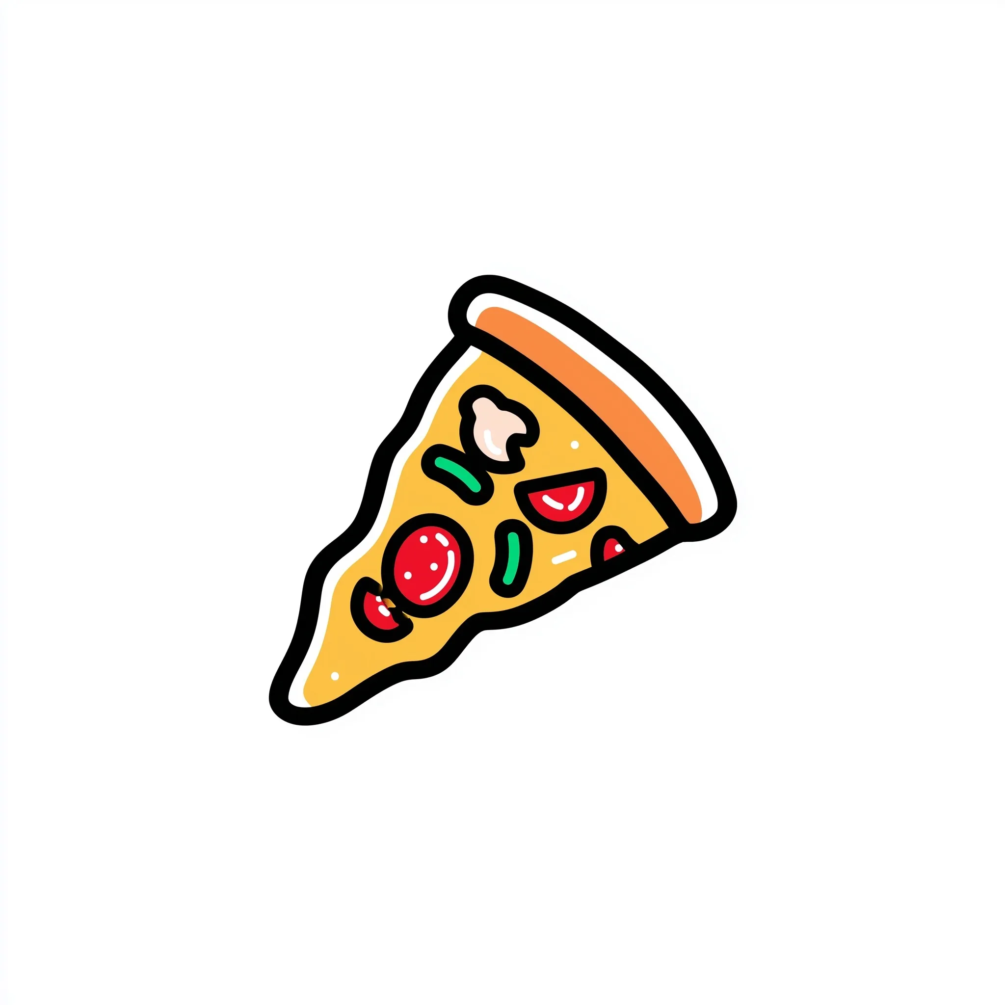 A simple line art icon of a single pizza slice with basic shapes isolated on a clean white background.