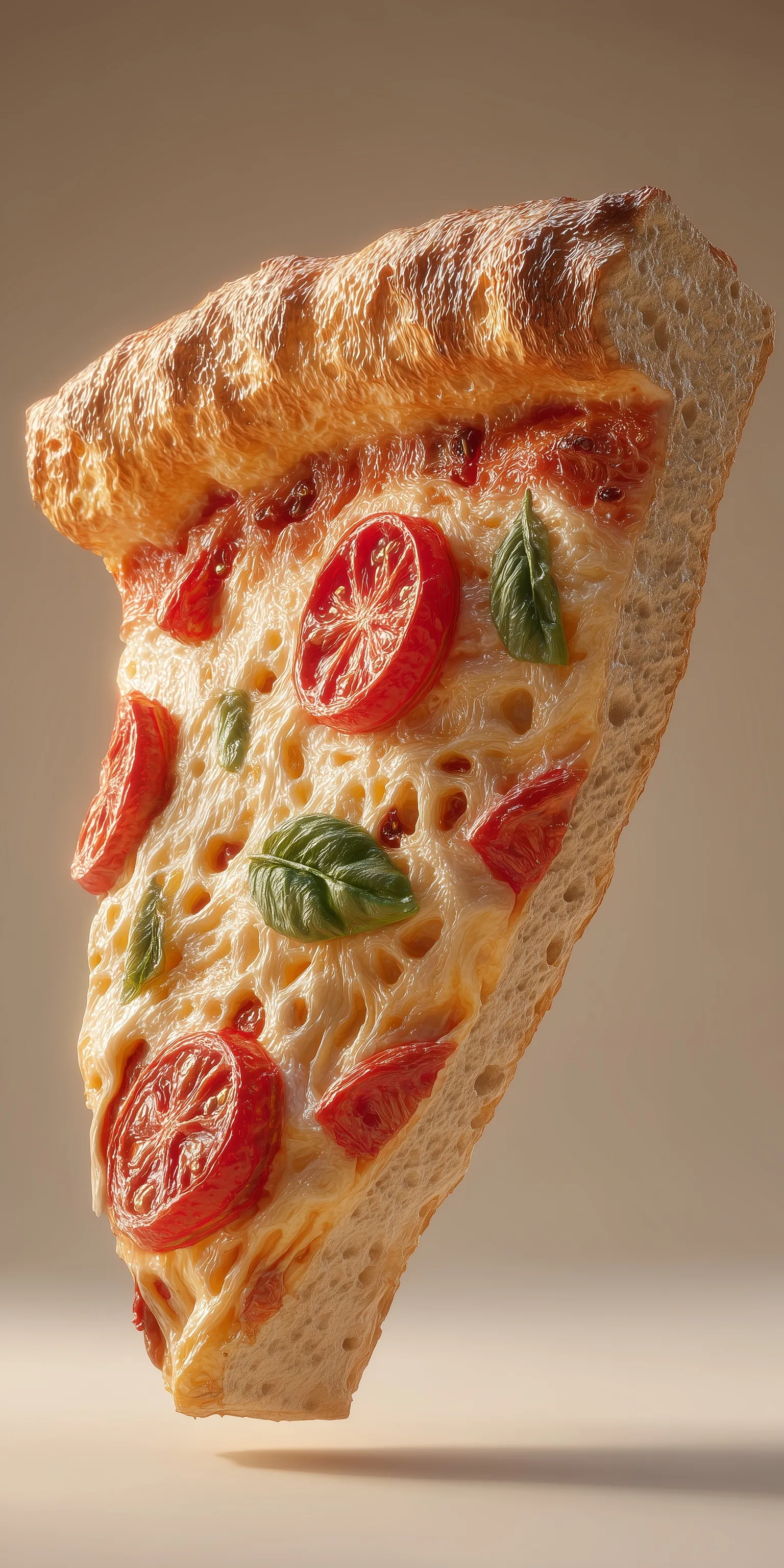 A hyper-realistic macro shot of a single Margherita pizza slice with airy crust on a clean, neutral background.