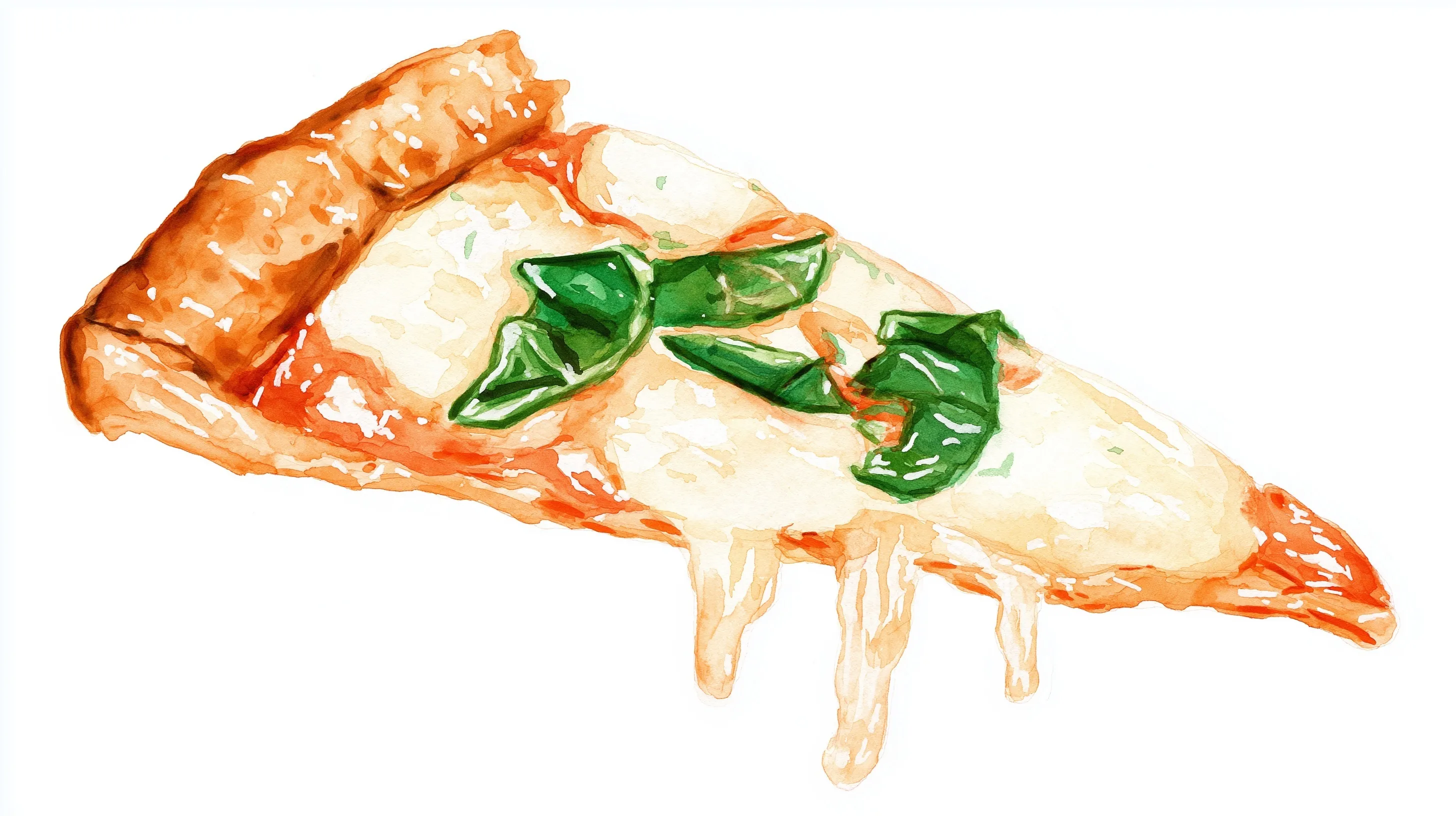 Watercolor illustration of a New York style margherita pizza slice with dripping cheese and fresh basil.