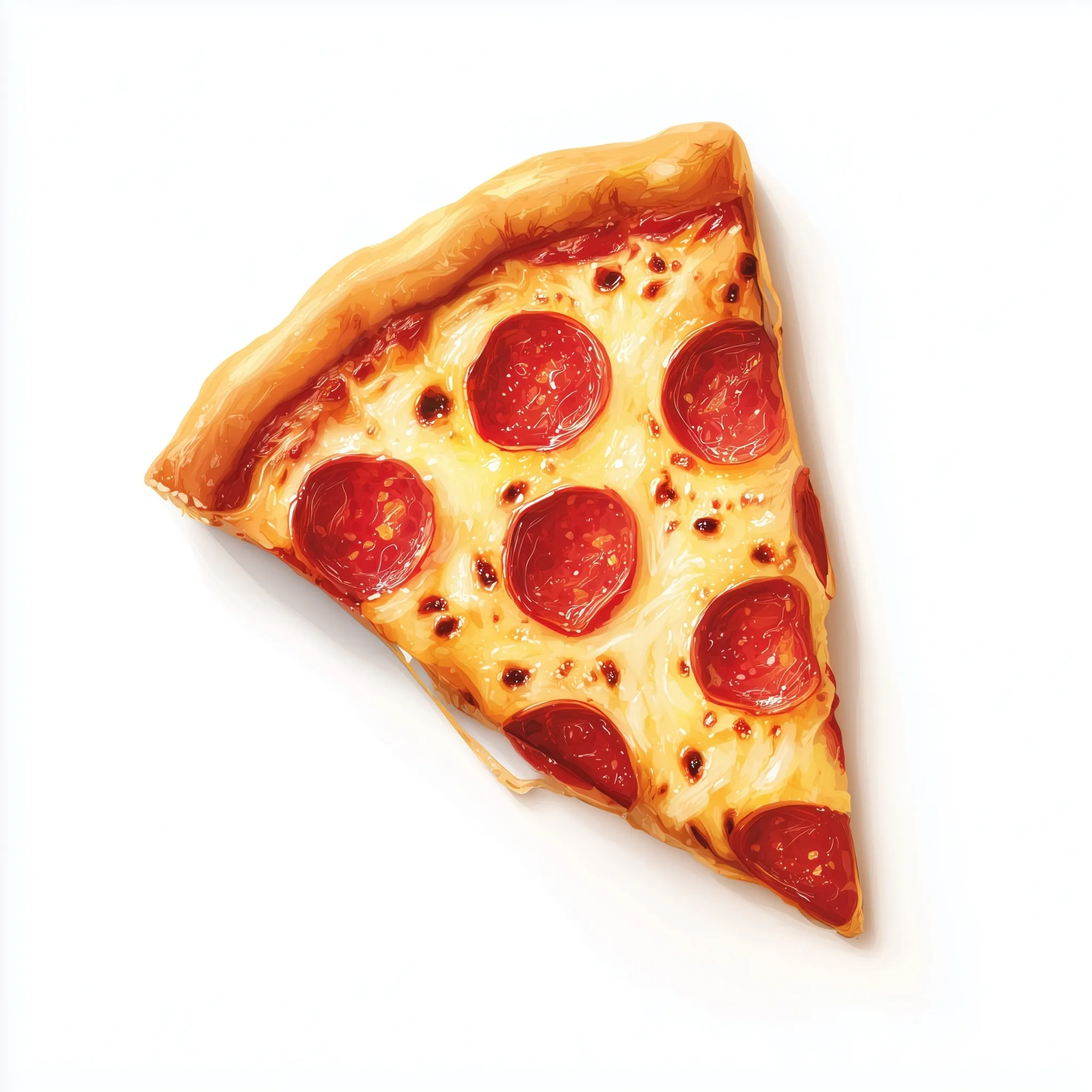 A realistic flat lay vector illustration of a cheesy pepperoni pizza slice isolated on a clean white background.