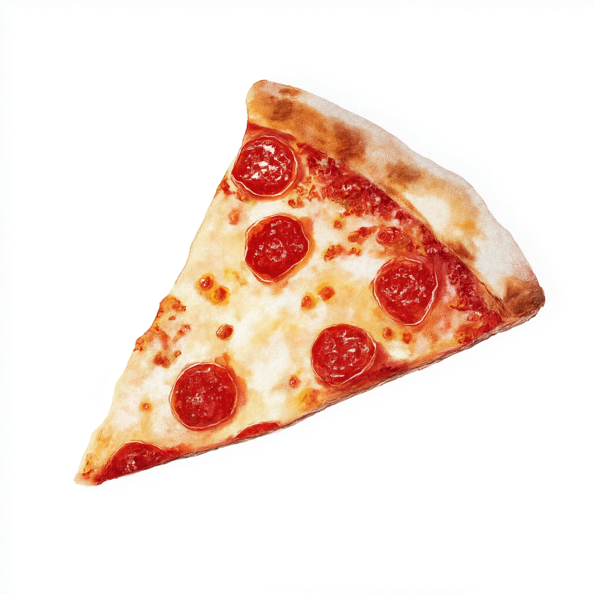 A delicious, colorful illustration of a single pizza slice with melted cheese and pepperoni on a white background.