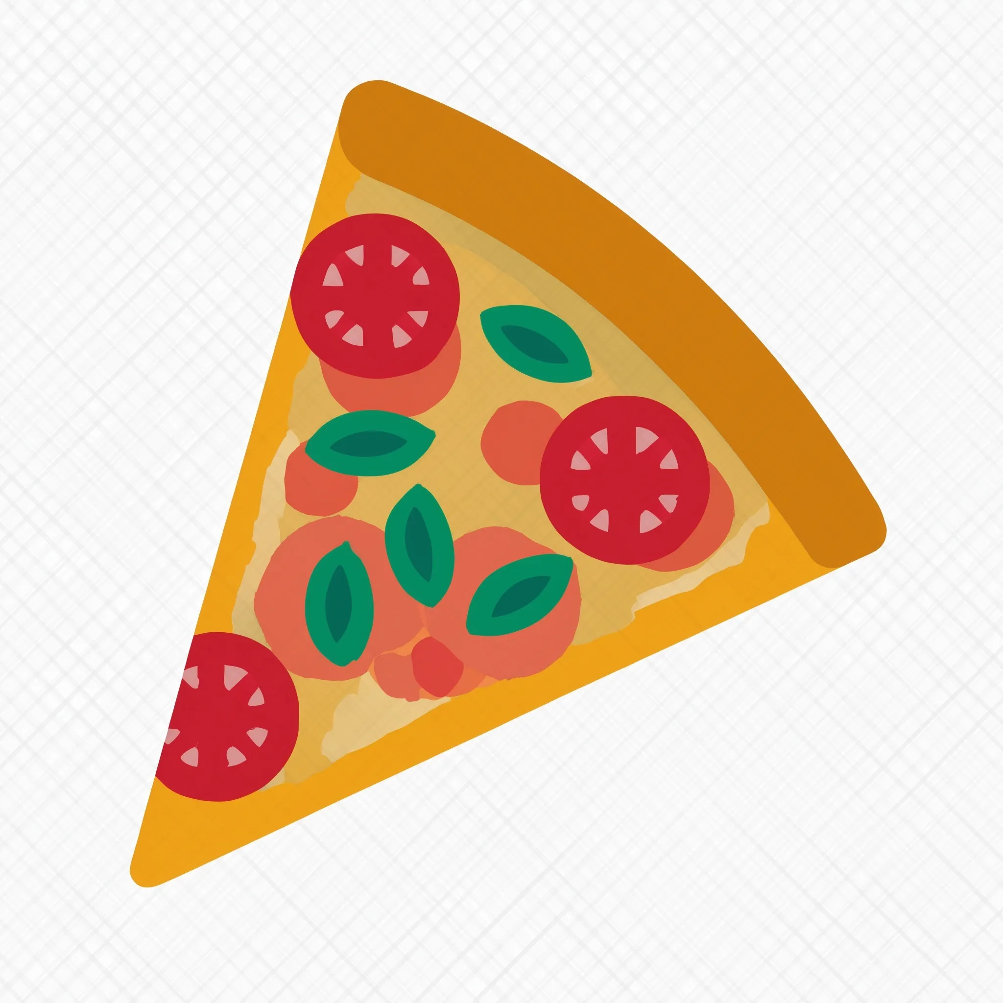 A cute, flat vector icon of a margherita pizza slice with tomato and basil, isolated on a transparent background.