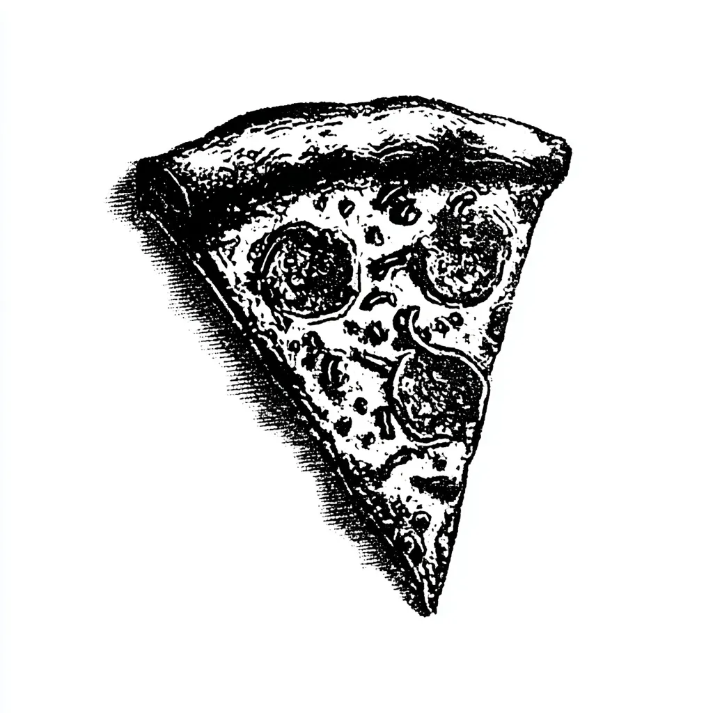 A single pizza slice rubber stamp isolated on a clean white background.