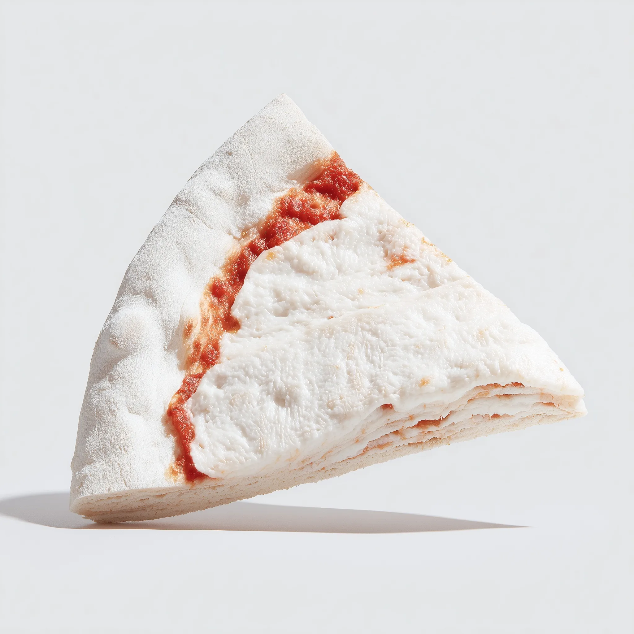 A raw, unbaked pizza slice with fresh prosciutto and arugula, floating against a clean, white studio background.