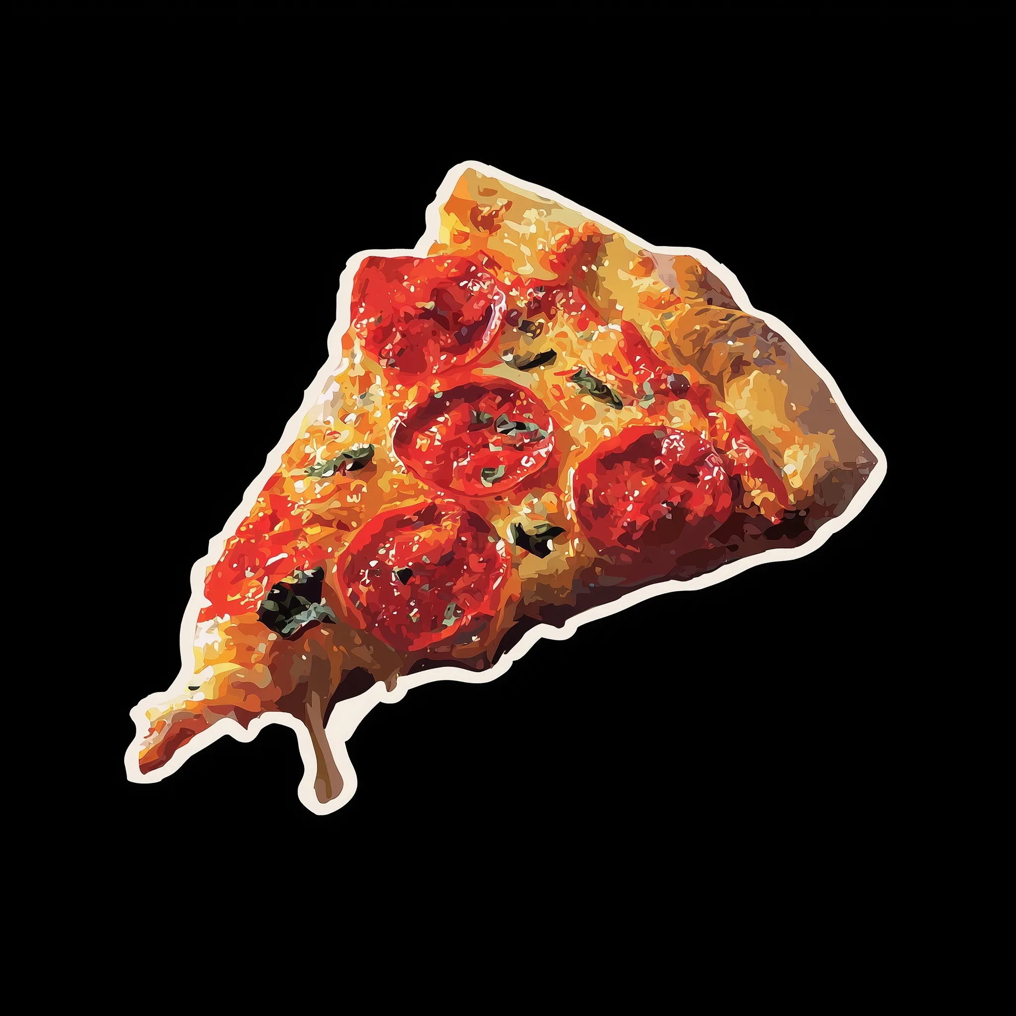 A digital sticker of a single pepperoni pizza slice isolated on a solid black background with no border.
