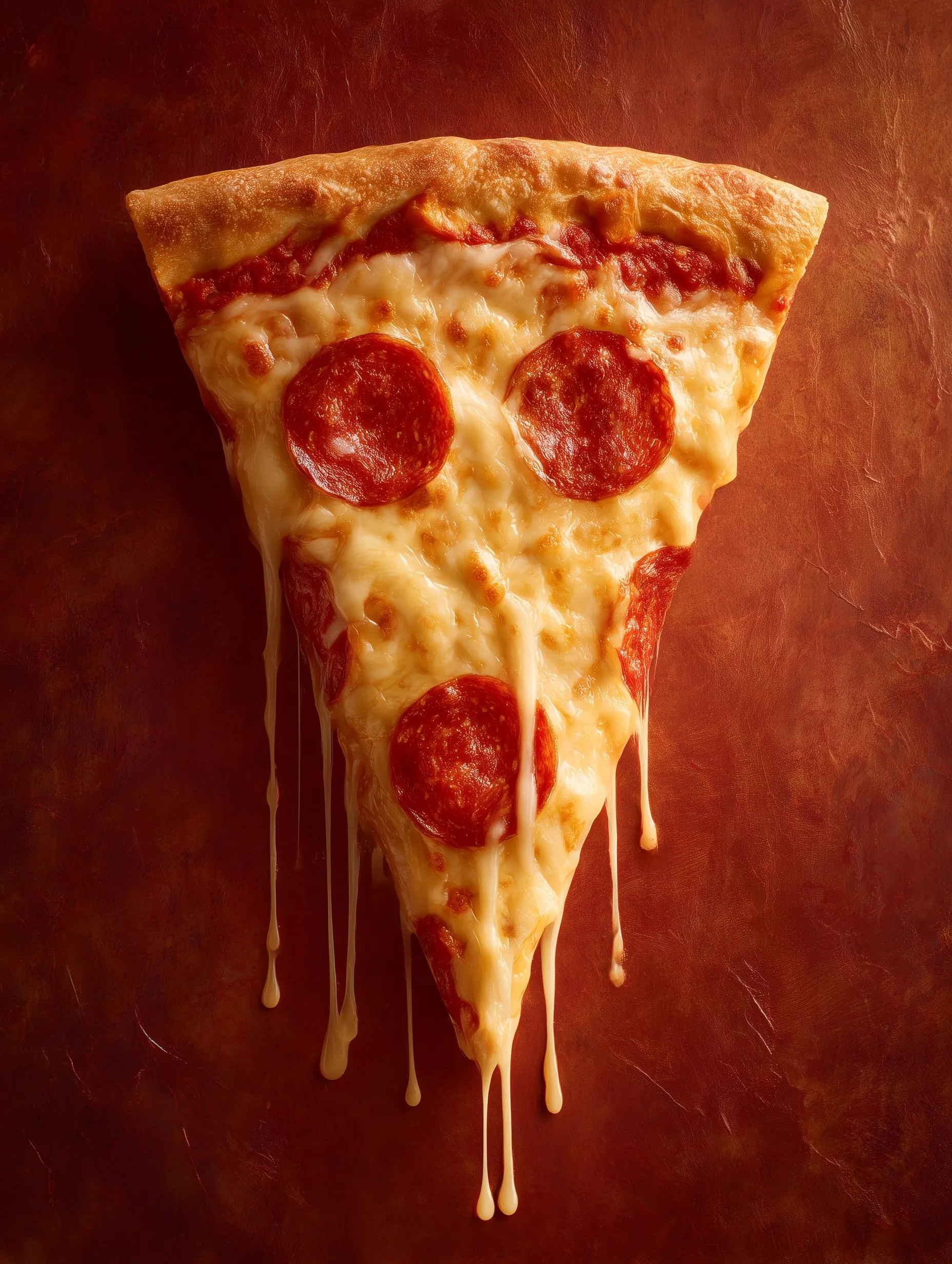 A single slice of pepperoni pizza with stretchy mozzarella cheese, shot from above on a warm red background.