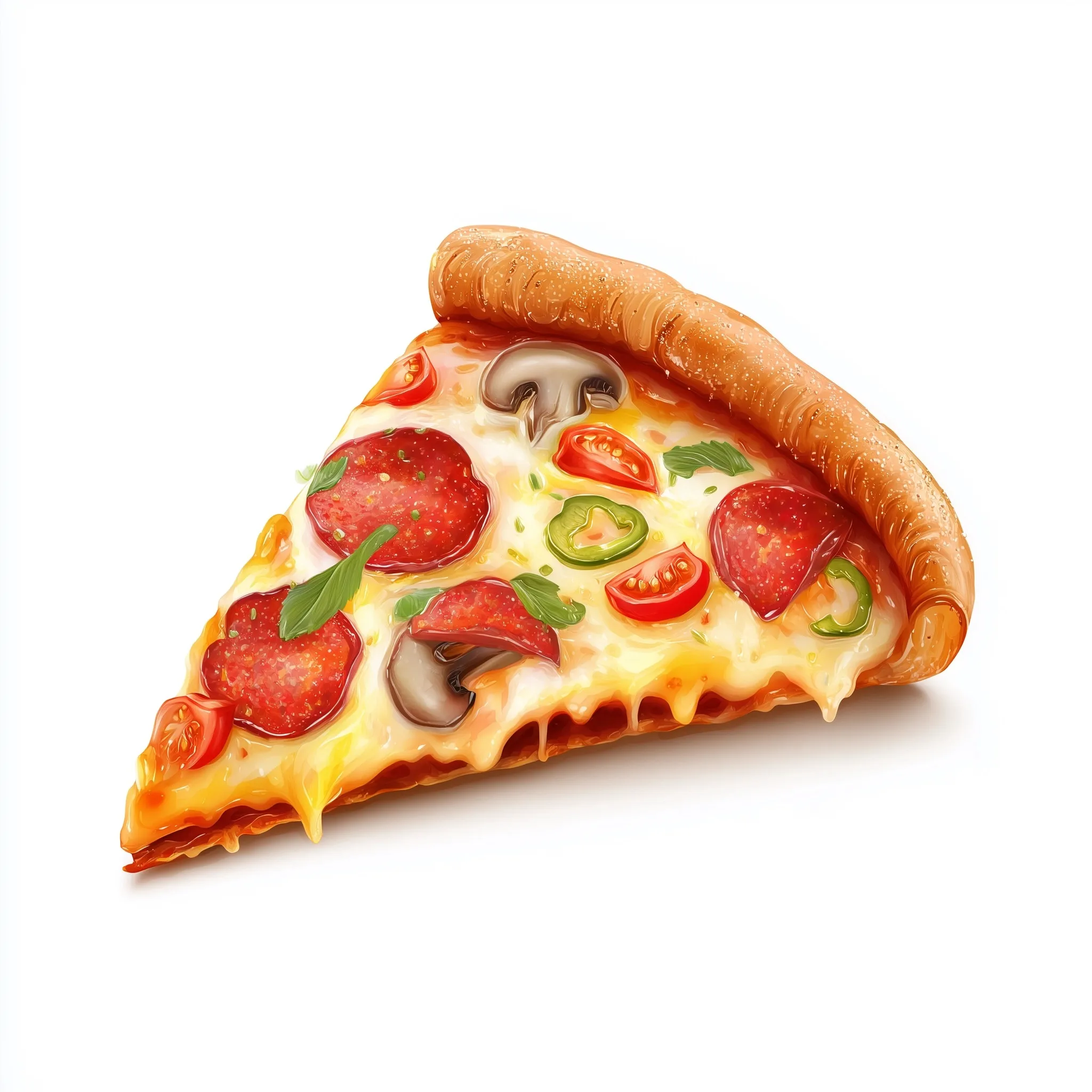A realistic front-view illustration of a single delicious pizza slice isolated on a pure white background.