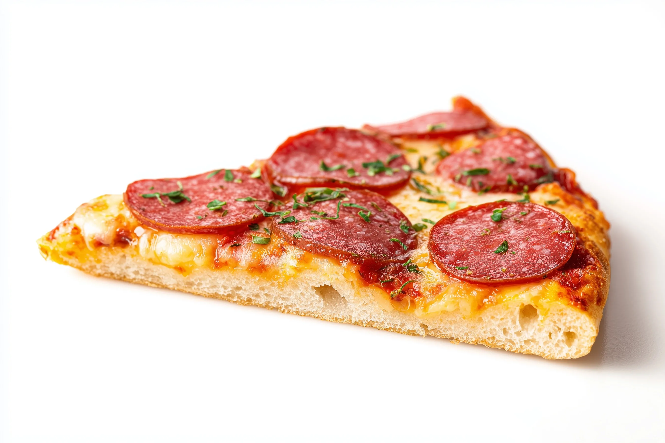 A side view of a delicious salami pizza slice on a clean white background, professional food photography.