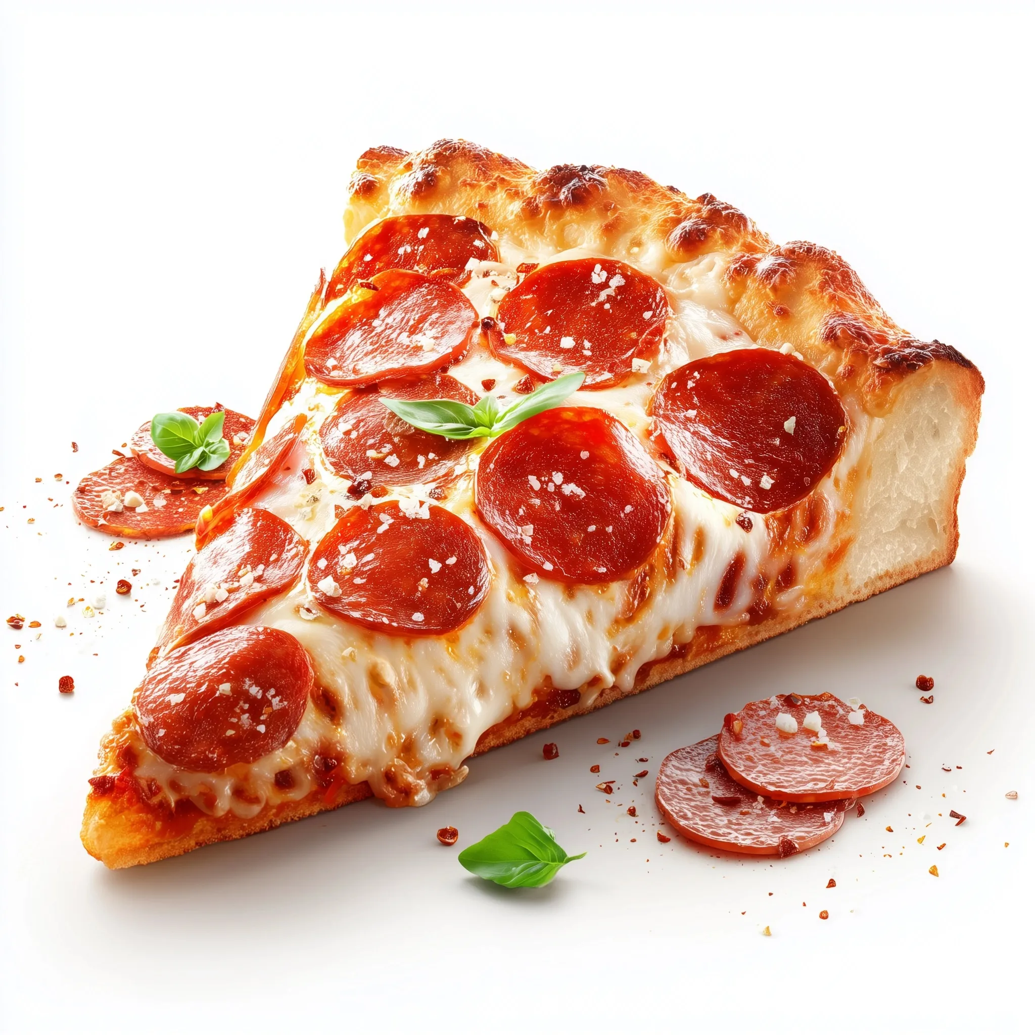 A hyper-realistic macro shot of a pepperoni pizza slice on a white background with fresh ingredients and spices.
