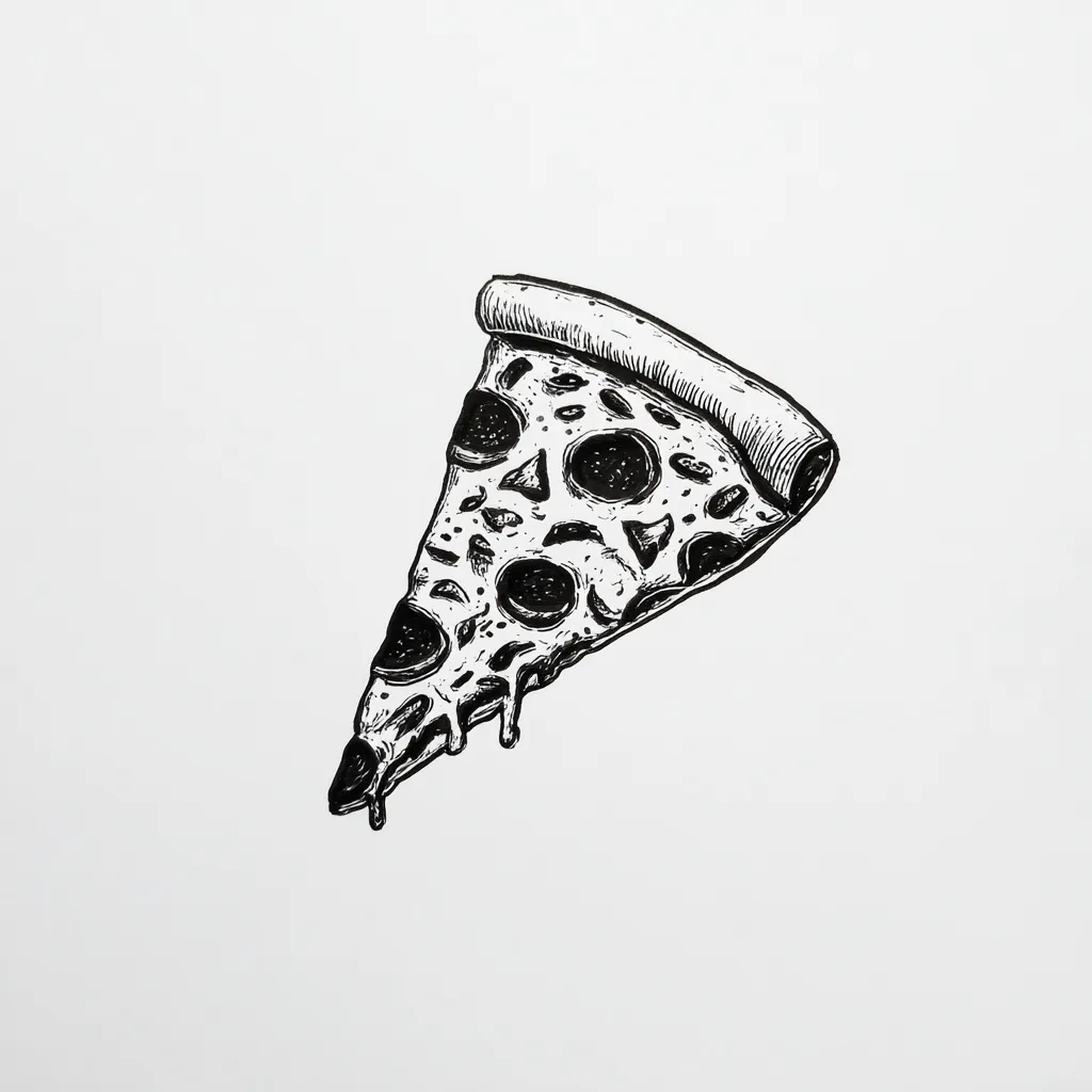 Minimalist black marker drawing of a single pizza slice on a clean white background.