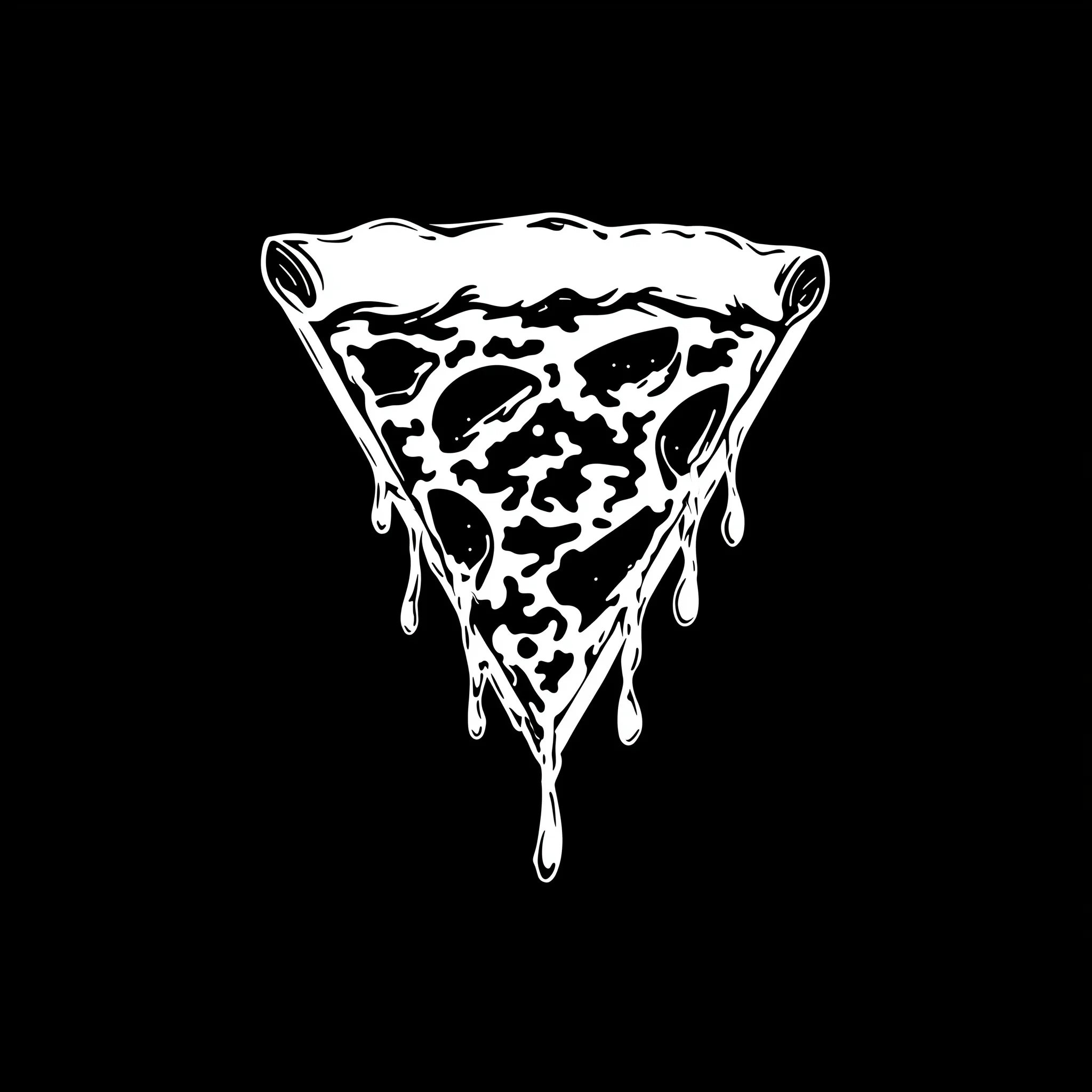 Vector graphic of a pizza slice in white on black with minimalist dripping sauce in a negative space style.