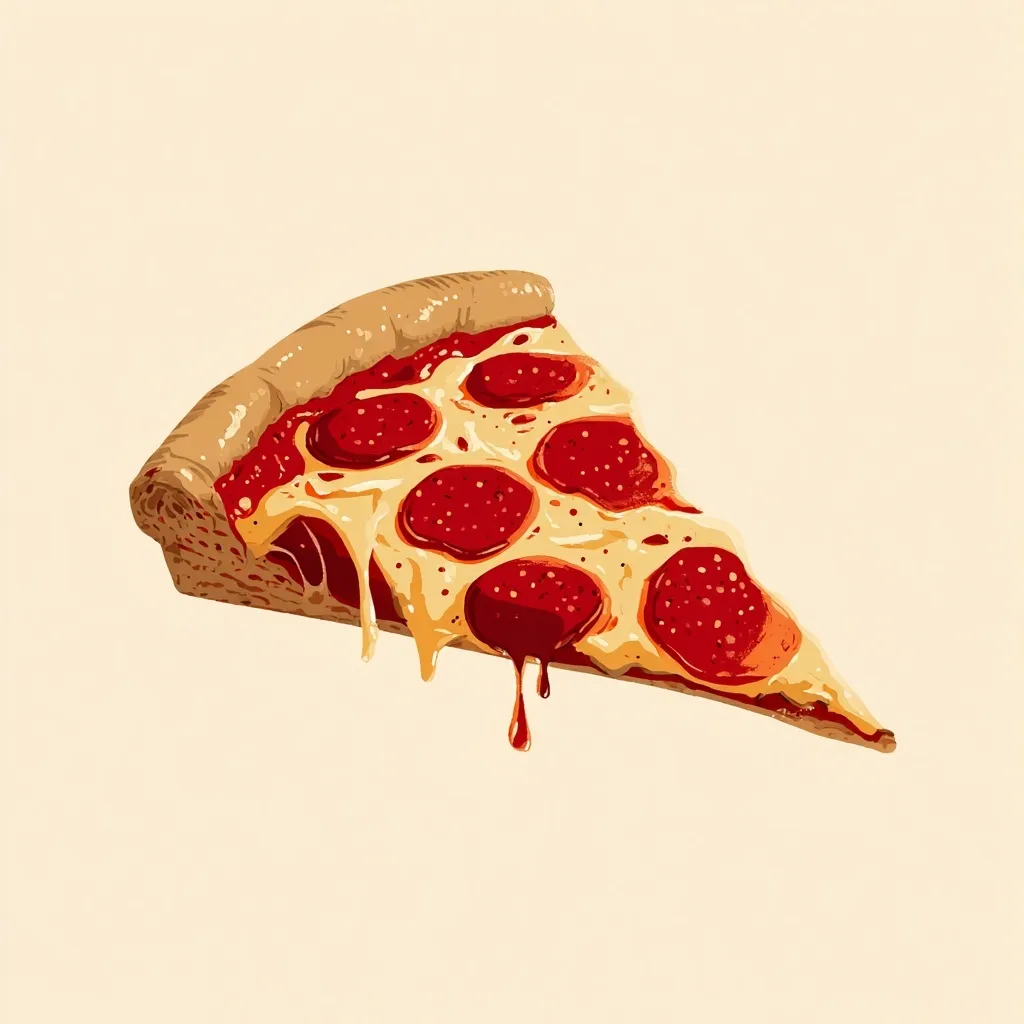A colorful flat illustration of a delicious pepperoni pizza slice on a clean background.
