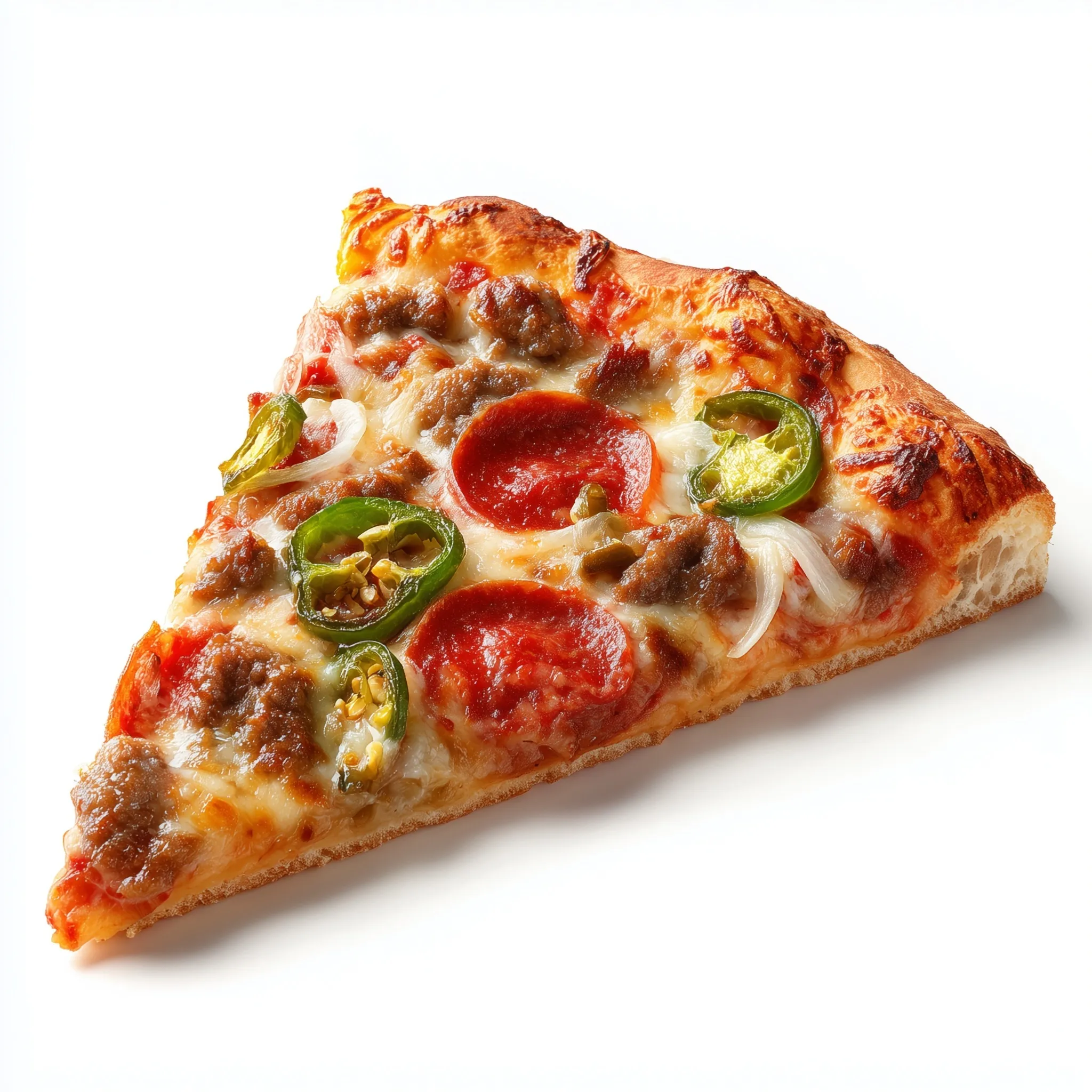 A delicious pizza slice with pepperoni, sausage, onion, and jalapeño isolated on a white background.