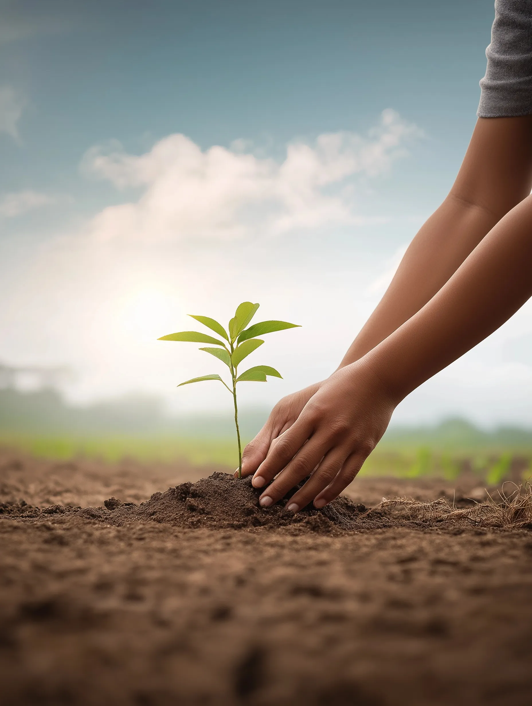 Close-up of hands planting a green sapling in soil, symbolizing new life with a wilted plant in the background.