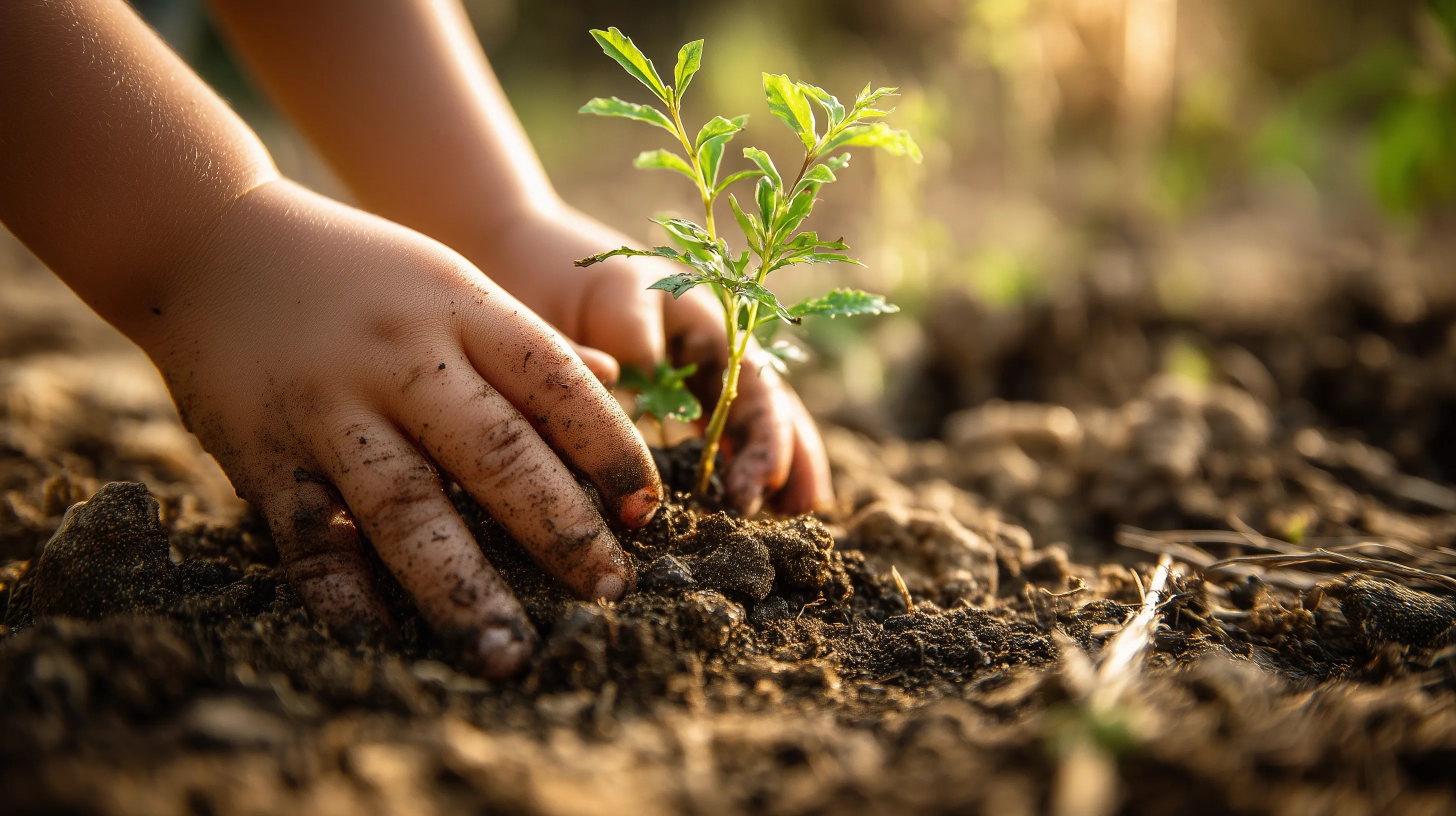 Close-up of hands planting a vibrant green seedling into fertile soil during springtime.
