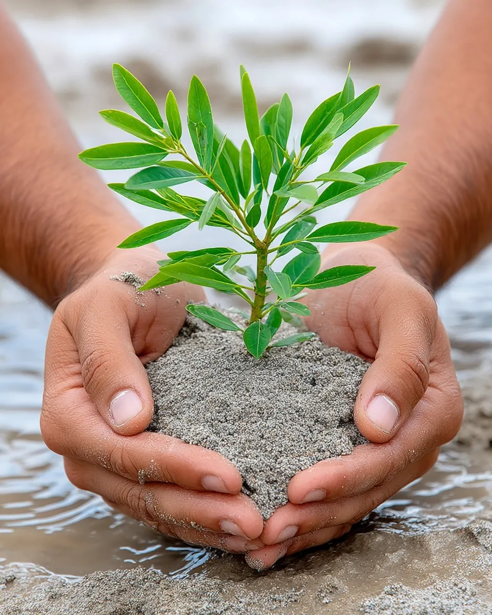 Volunteers planting young mangrove saplings during an International Day for the Conservation of the Mangrove ecosystem.