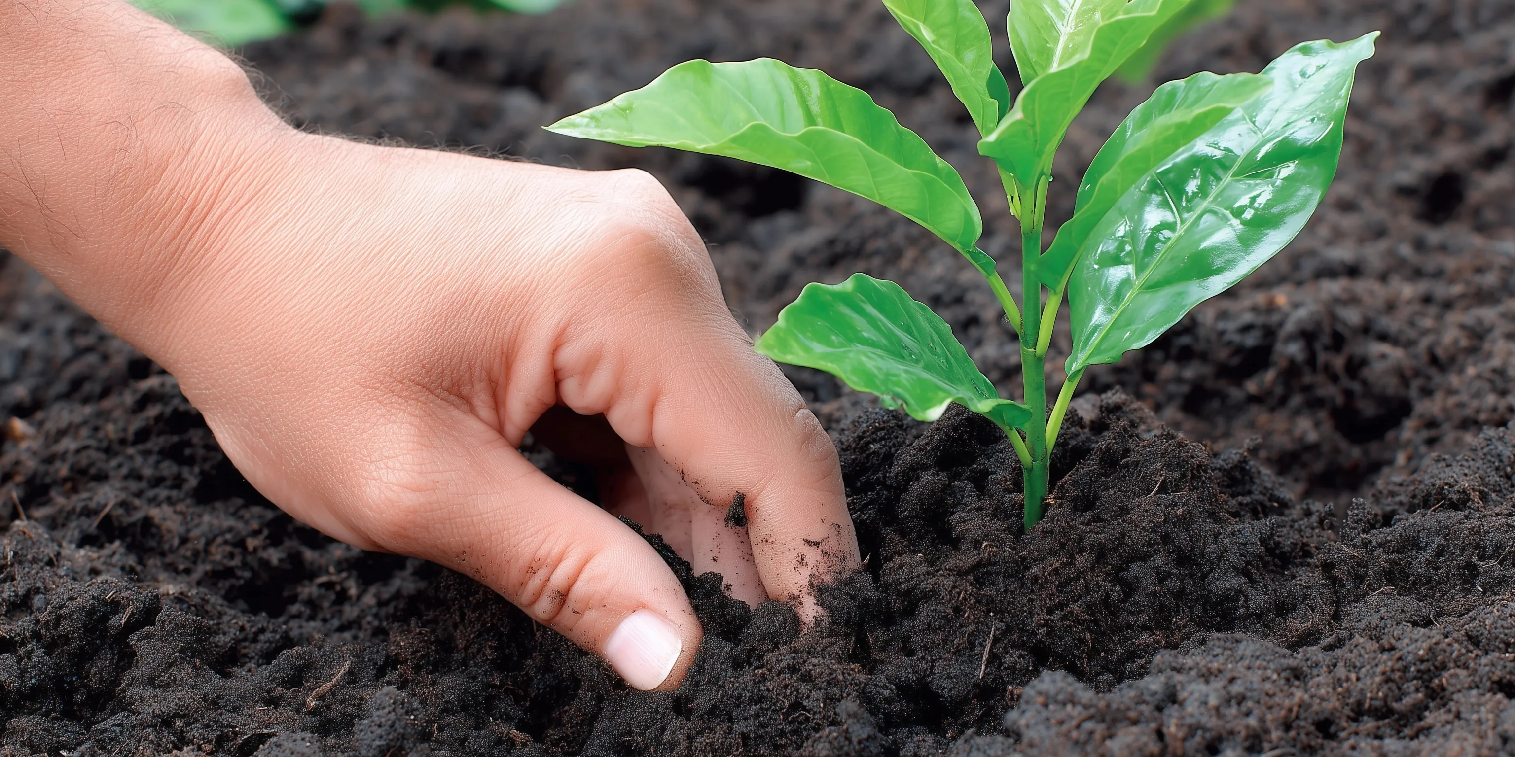 A person planting a young green sapling into rich soil to symbolize environmental conservation and new growth.