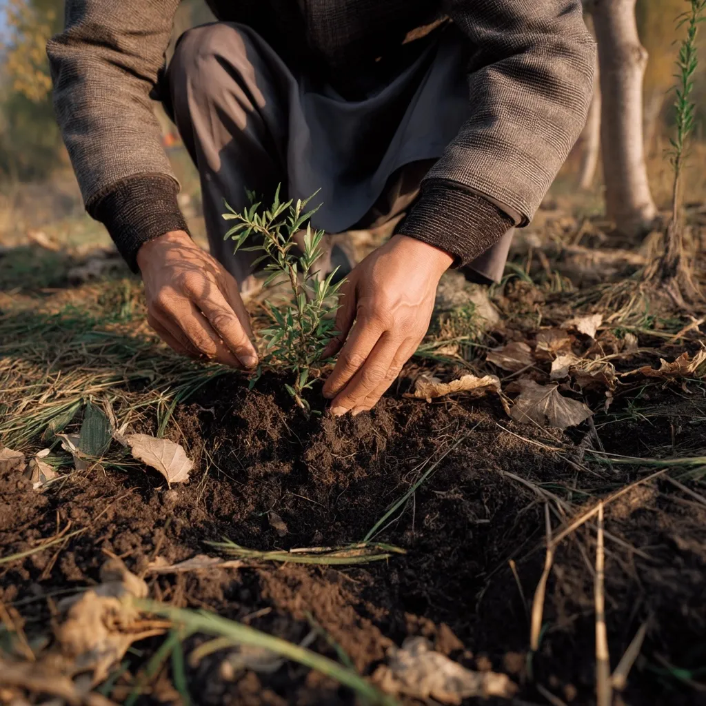 A Xinjiang farmer in traditional clothing planting a young jujube tree sapling in rich organic soil.