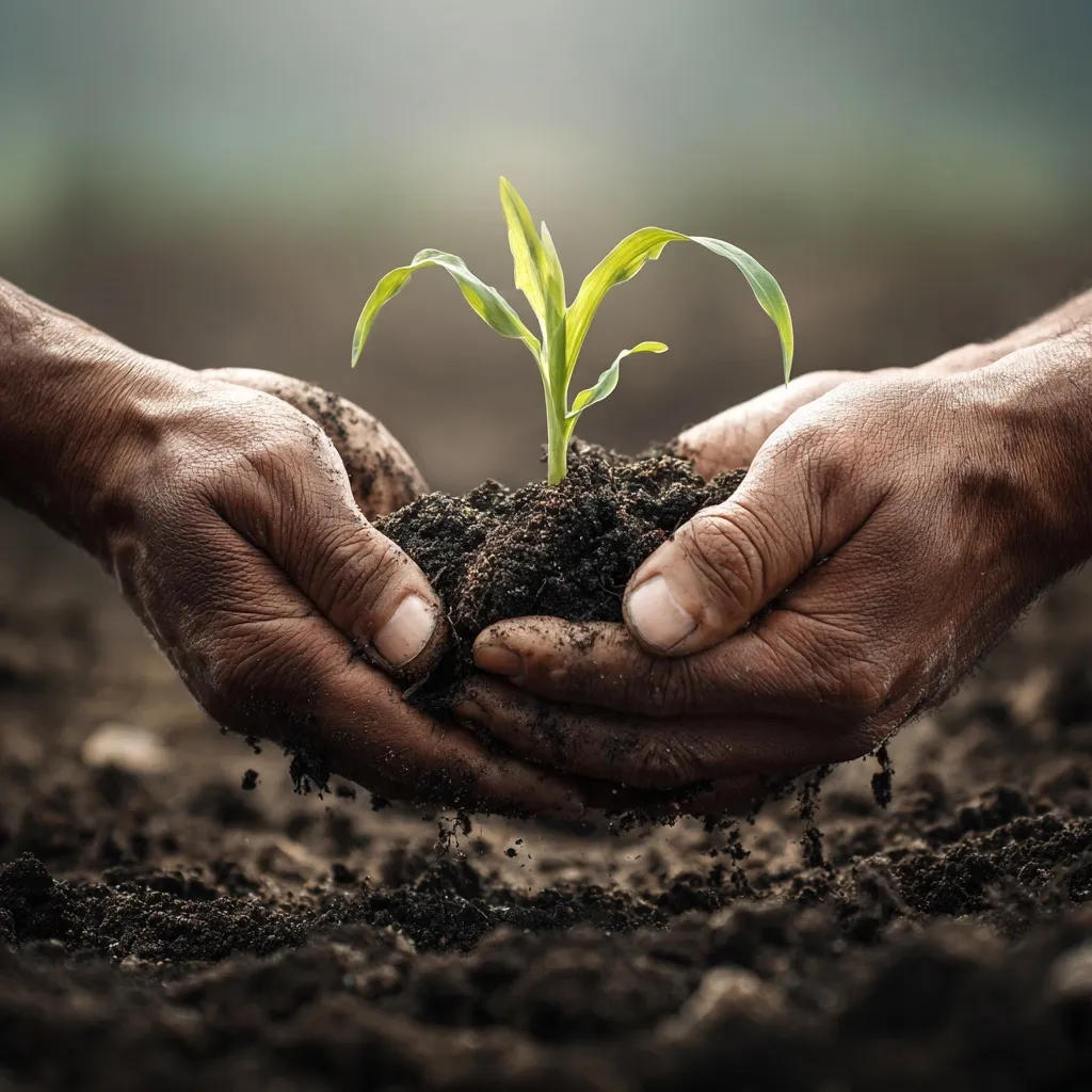 Two hands holding a green maize seedling with rich soil, symbolizing agriculture and environmental sustainability.