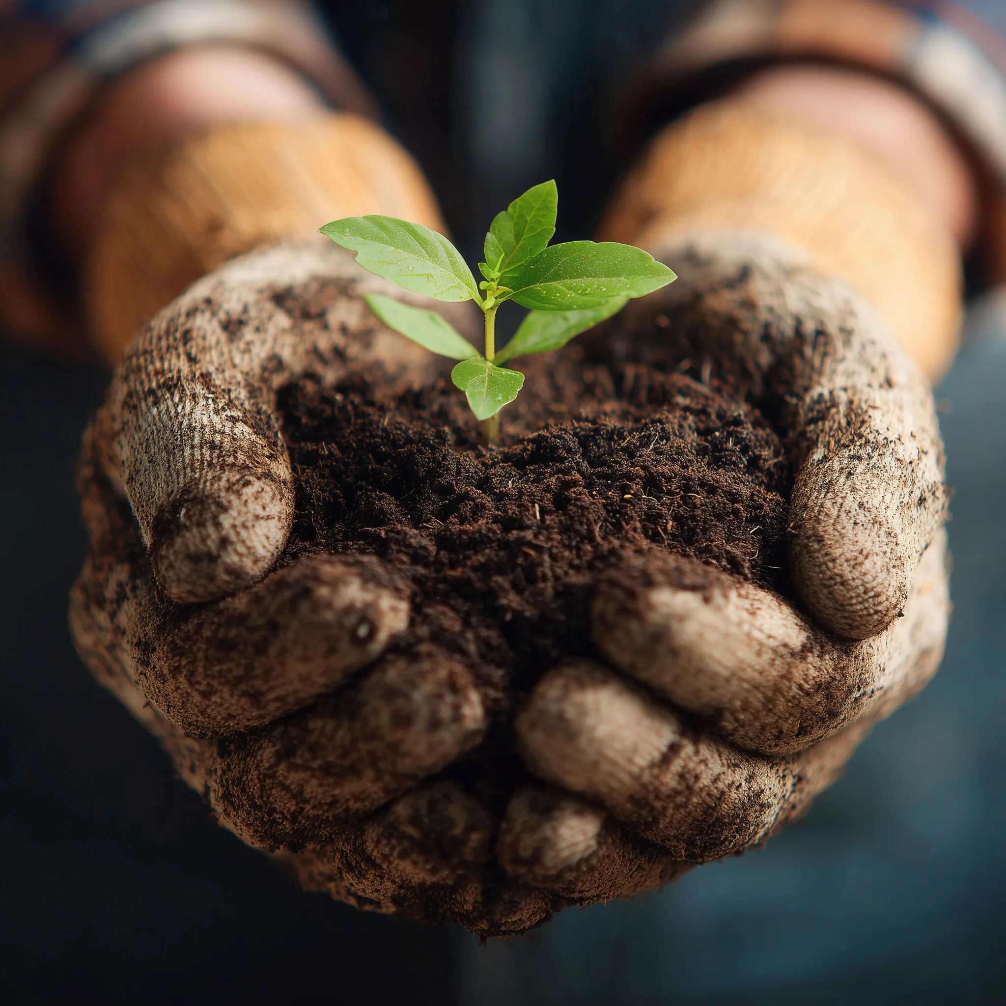 Close-up of gloved hands planting a green sapling into fertile soil, symbolizing environmental growth and gardening.