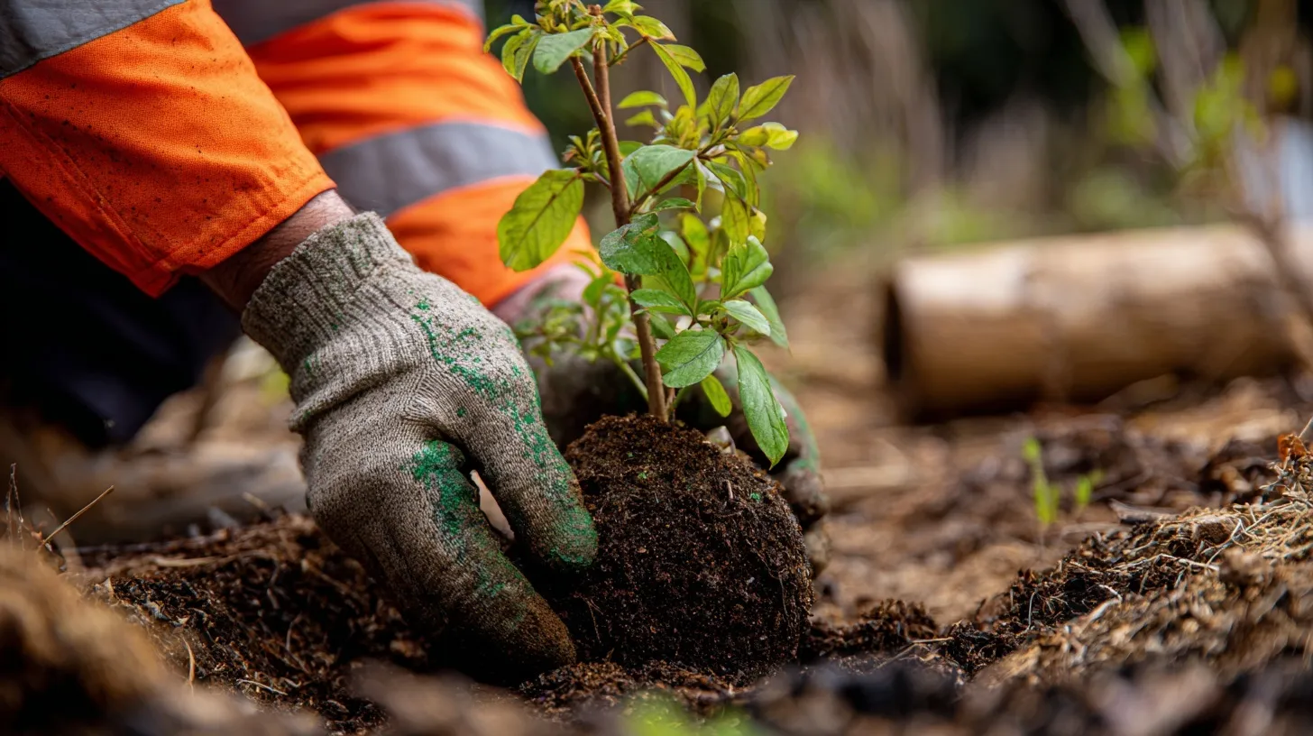 A contractor planting a small green sapling in rich soil, close-up view of tree planting for environmental projects.