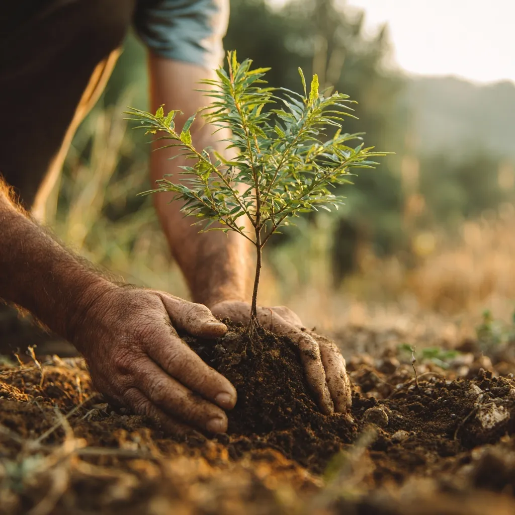 Close-up of two hands planting a young tree sapling into soil, capturing a vibrant, realistic environmental concept.