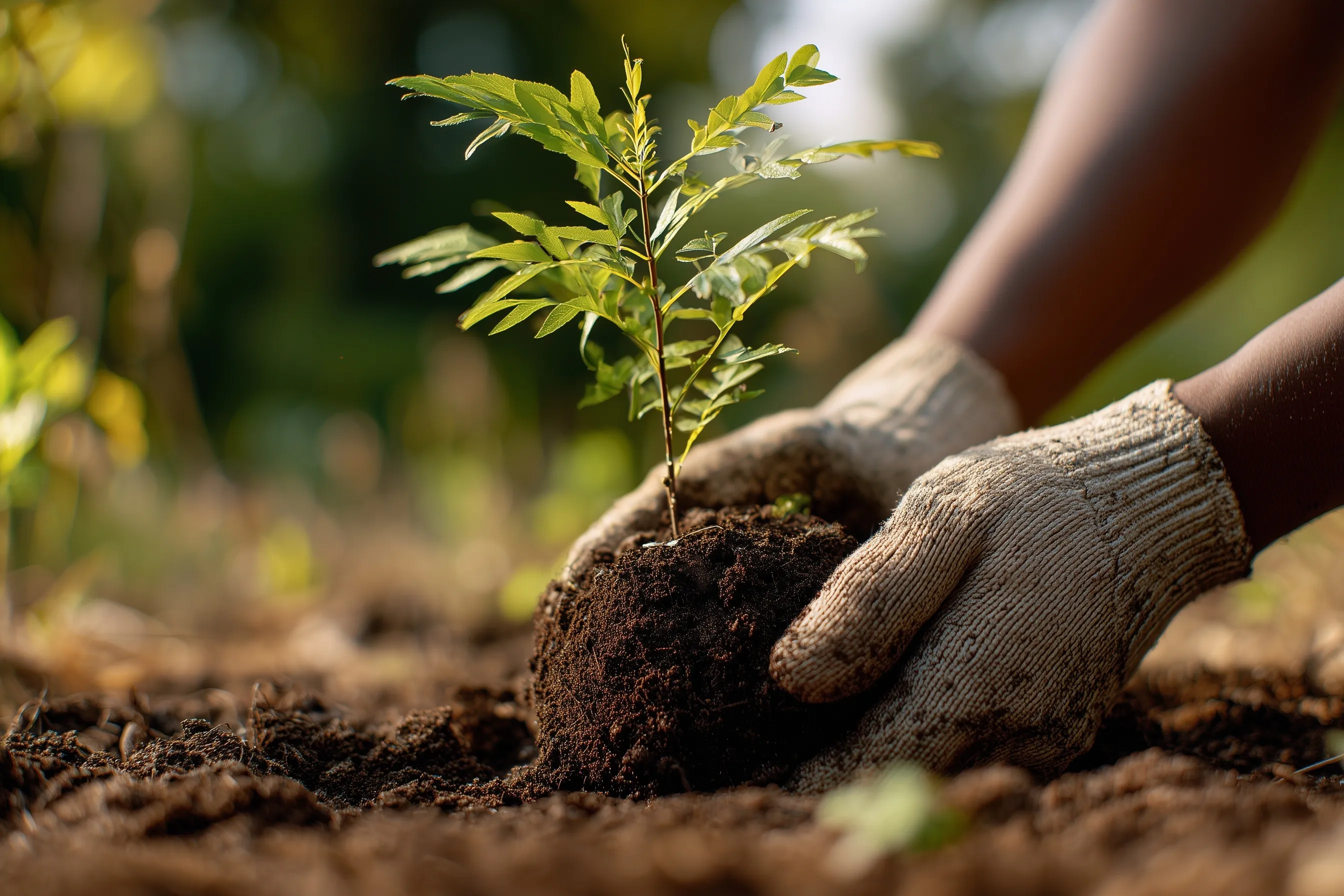 Close-up of hands planting a young sapling in rich soil, representing climate change awareness and hope for nature.