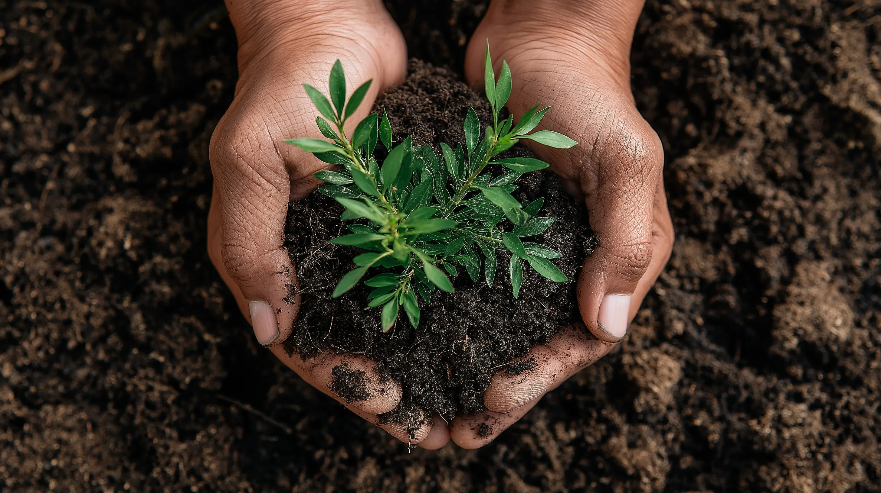 Hands planting a lush green tree seedling in rich forest soil, overhead view representing reforestation.