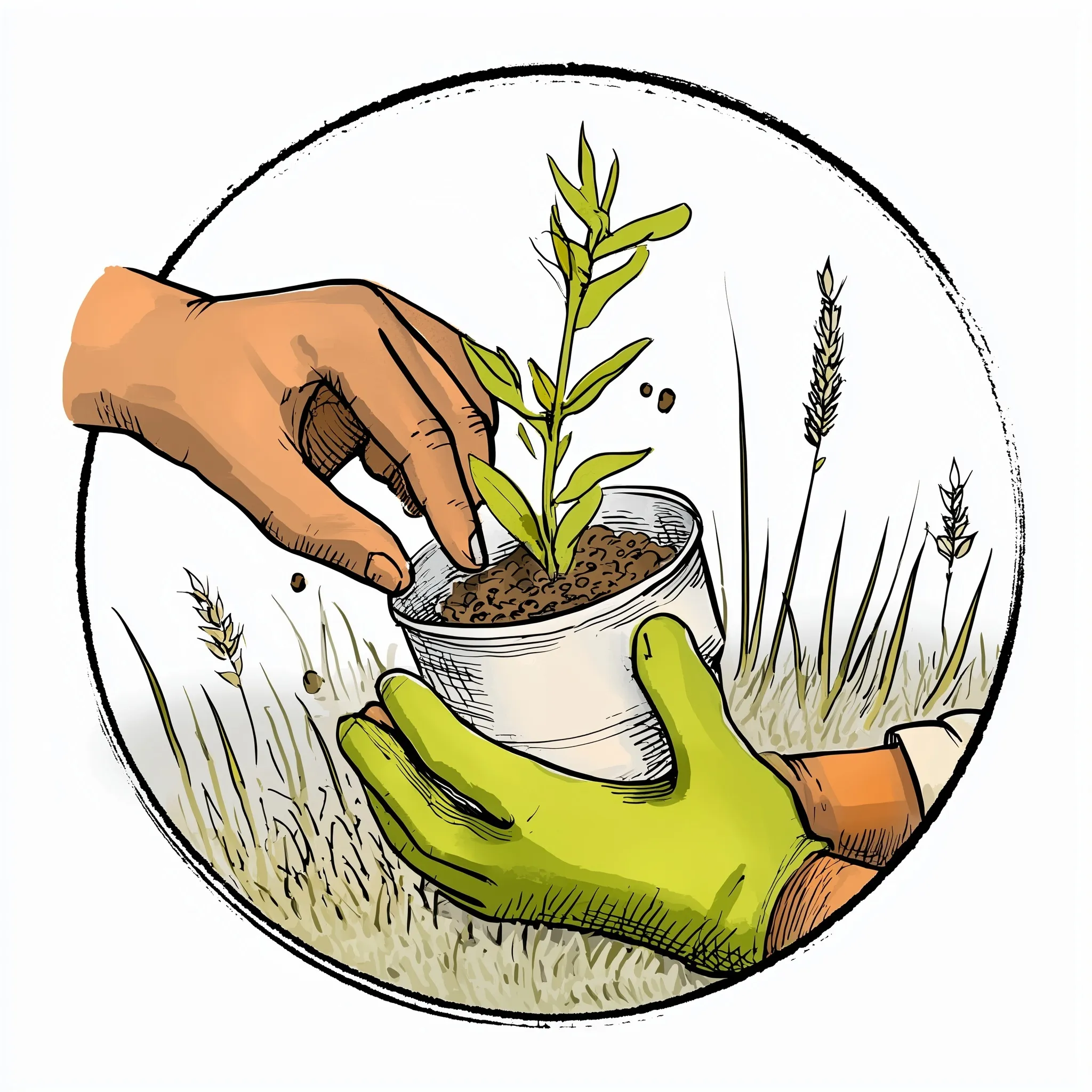 Two hands, one with a green gardening glove, planting a young sapling in a seedling pot, isolated on white.