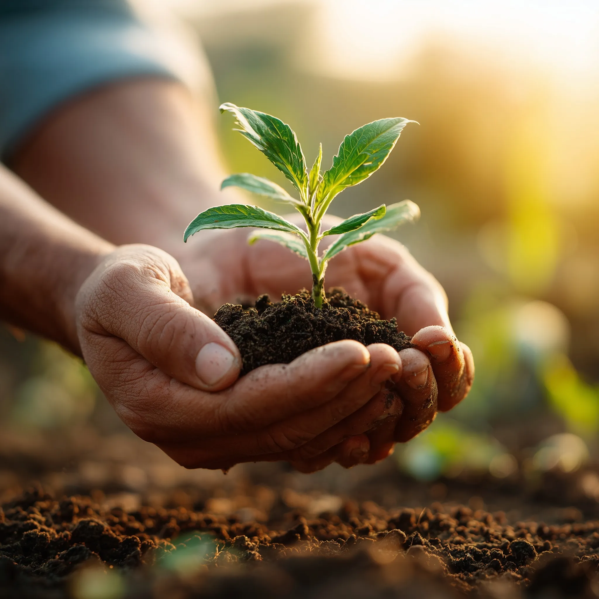 A small green seedling held in cupped hands over fresh soil during early morning light, symbolizing earth care.