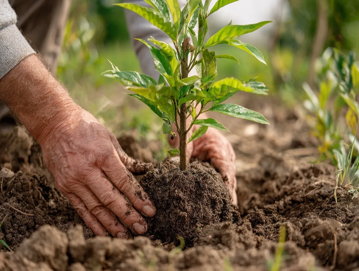 Close-up of hands planting a young green tree sapling into fertile soil, symbolizing environmental conservation.
