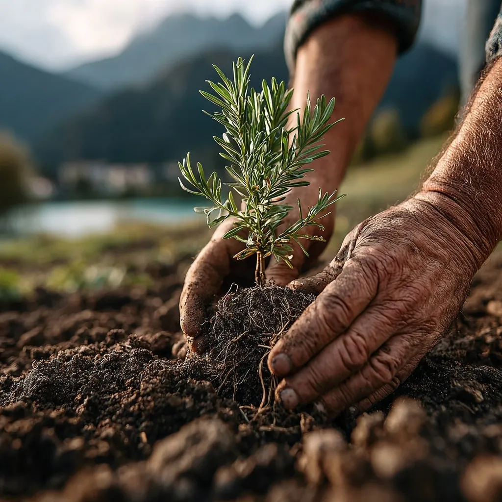 Close-up of hands planting a vibrant green sapling in rich dark soil during a serene, sunny morning.