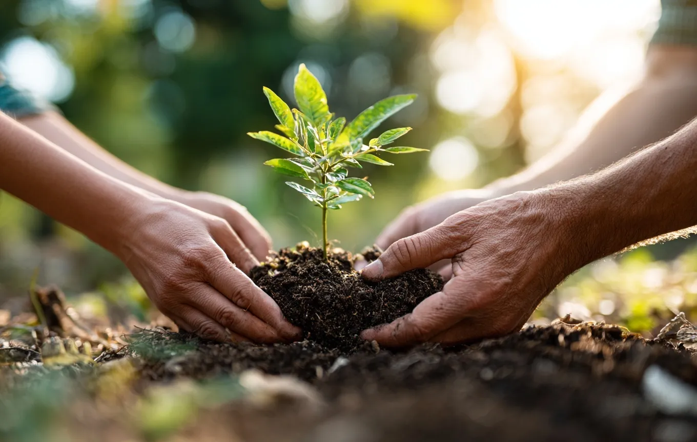 Two people’s hands planting a small green sapling in soil together to symbolize environmental sustainability.