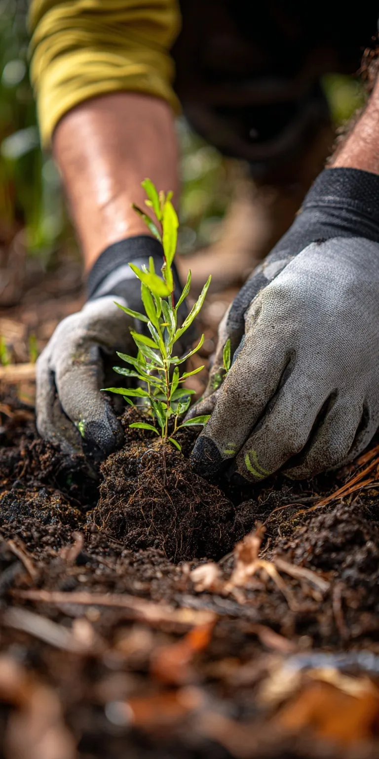 Close-up of hands planting a young green sapling in fertile soil, representing reforestation and environmental care.