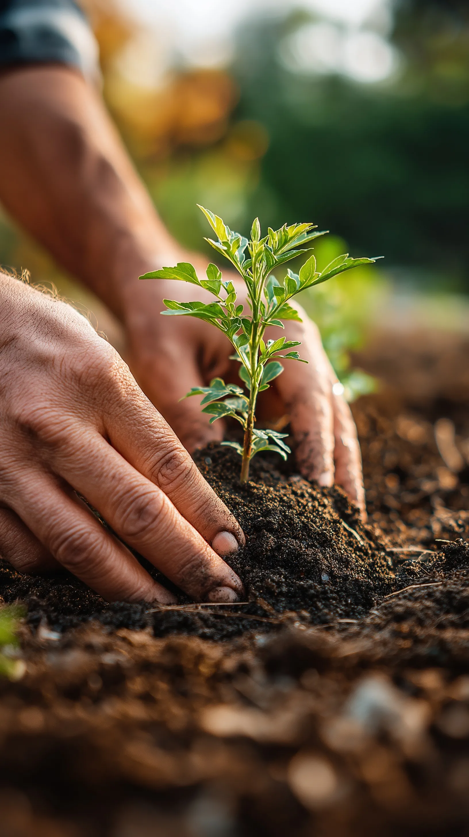 Close-up of hands planting a young green sapling in rich, dark soil under soft morning light.
