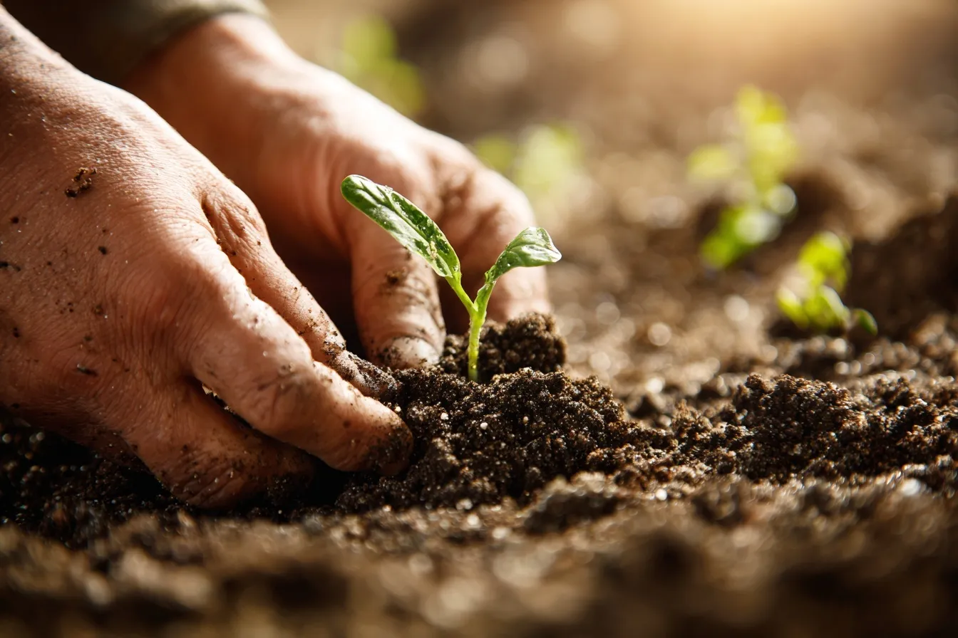 Close-up of human hands planting a small green sapling in fertile soil with copy space for text.