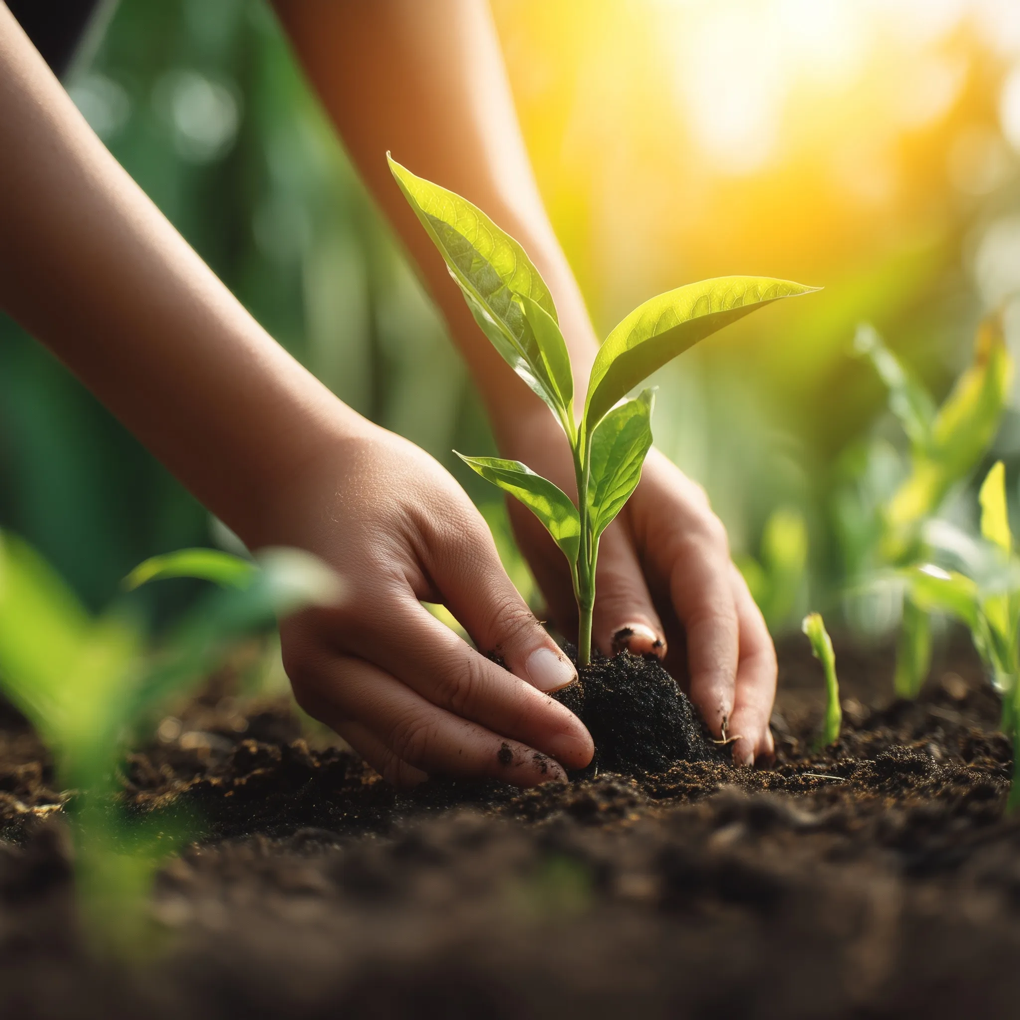 Close-up of hands planting a young green sapling in rich dark soil in a sunlit garden, symbolizing growth and nature.