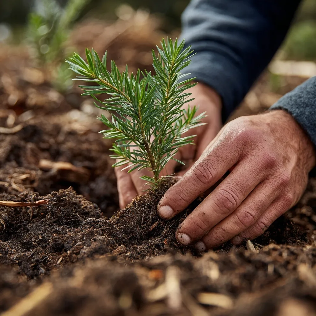 Close up of young adult hands planting a small spruce sapling into soil, symbolizing reforestation and growth.