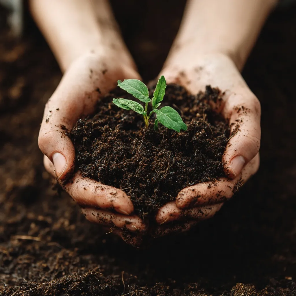 A woman’s hands planting a small green sapling sprout into rich fertile soil, symbolizing environmental growth.