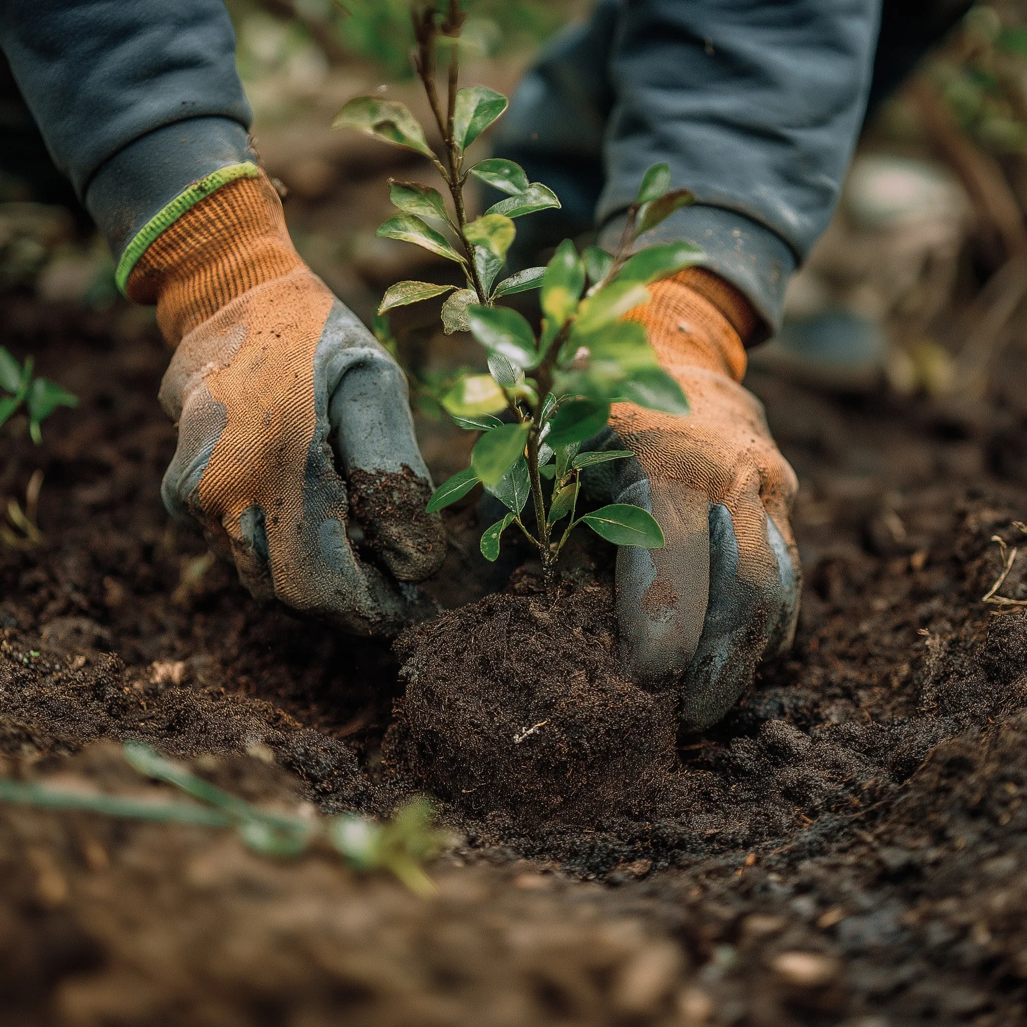 A pair of hands carefully planting a small green tree sapling into rich, dark soil for reforestation.