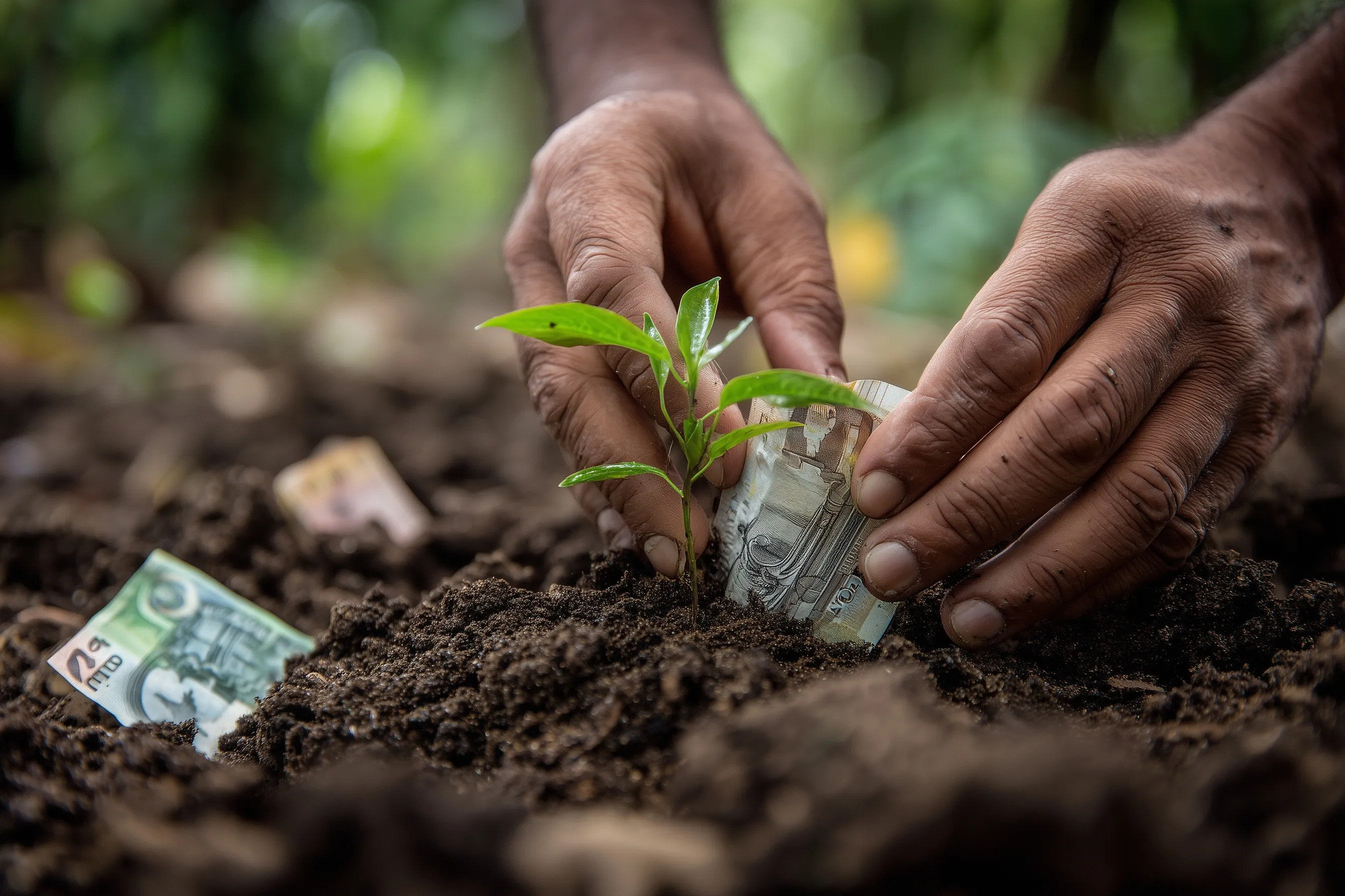 Hands planting a sapling in Amazon soil with subtle euro banknotes, symbolizing reforestation and rainforest donation.