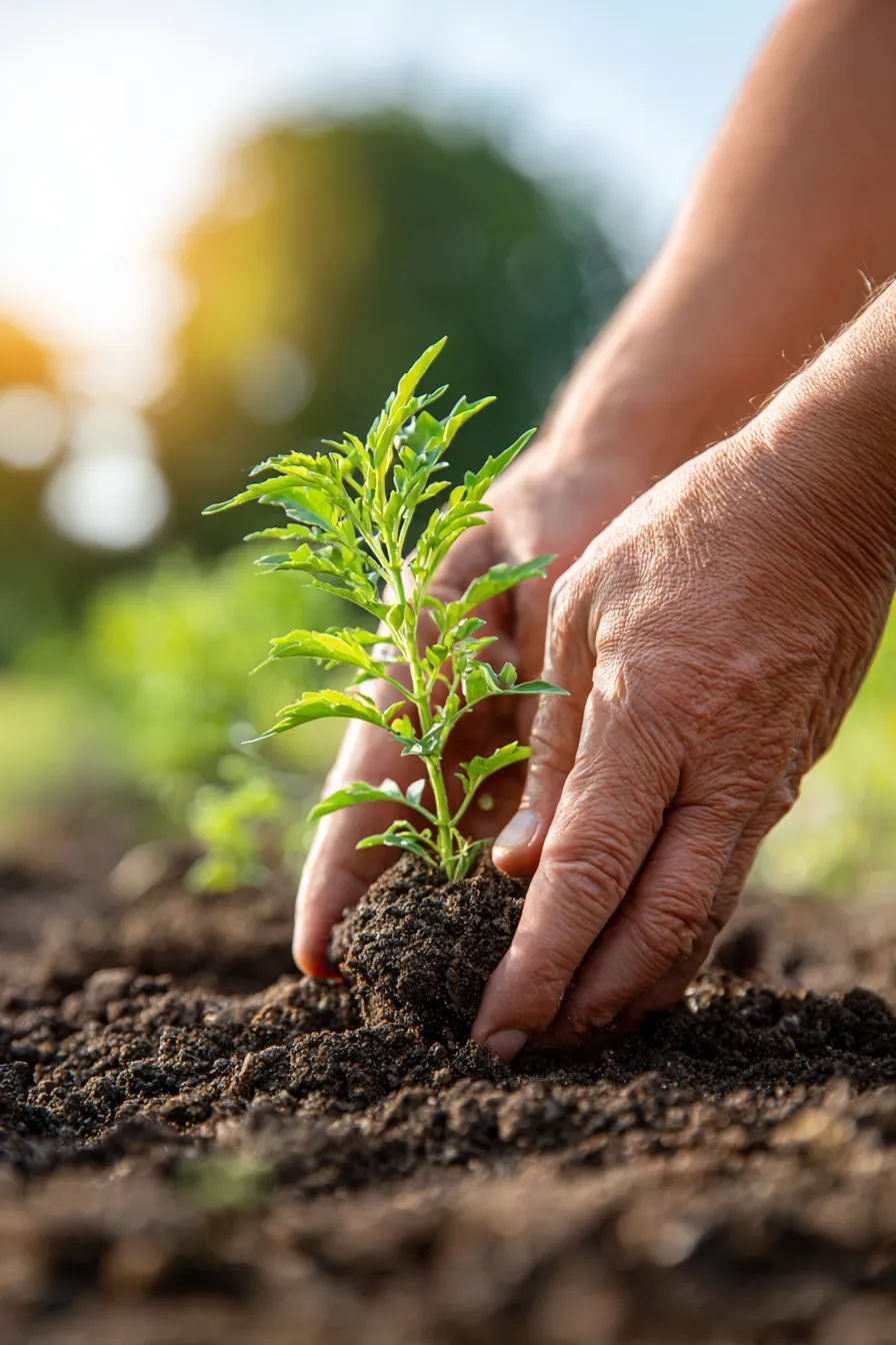 Close-up of hands planting a vibrant green seedling into fertile soil in a sunny outdoor school garden.