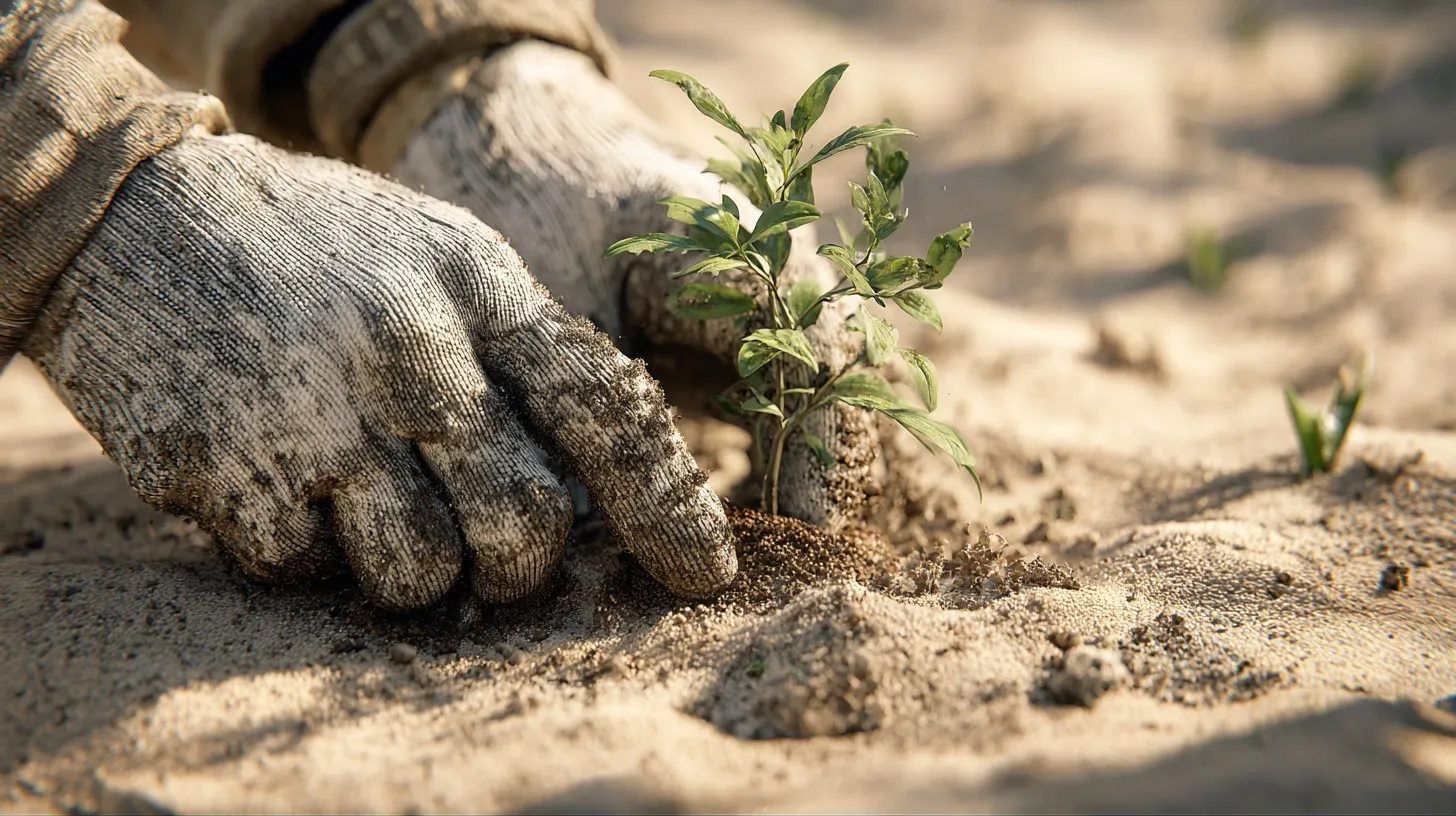 Close-up of gloved hands planting a small green seedling into sandy soil.